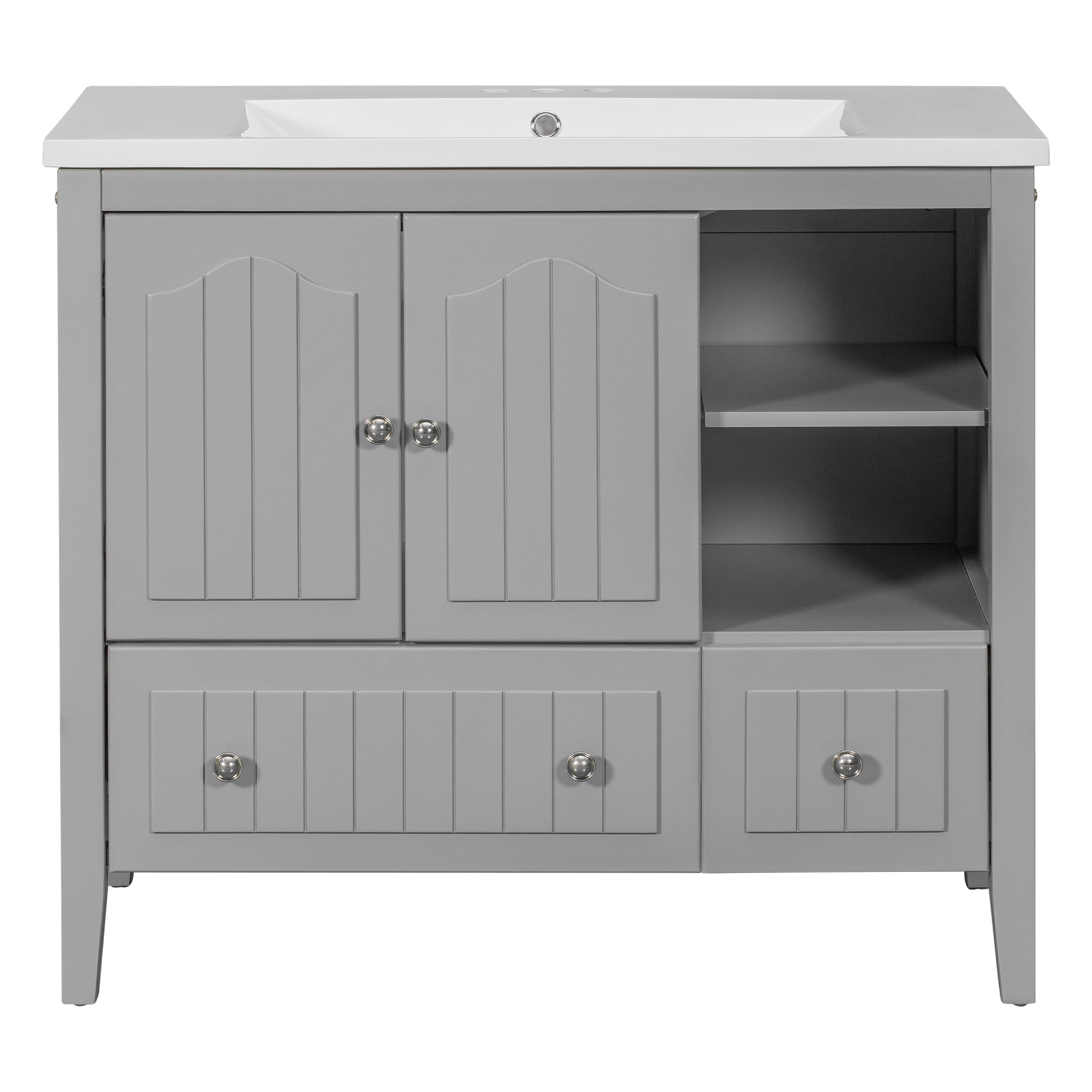 [VIDEO] 36" Bathroom Vanity with Ceramic Basin, Bathroom Storage Cabinet with Two Doors and Drawers, Solid Frame, Metal Handles, Grey (OLD SKU: JL000003AAE)