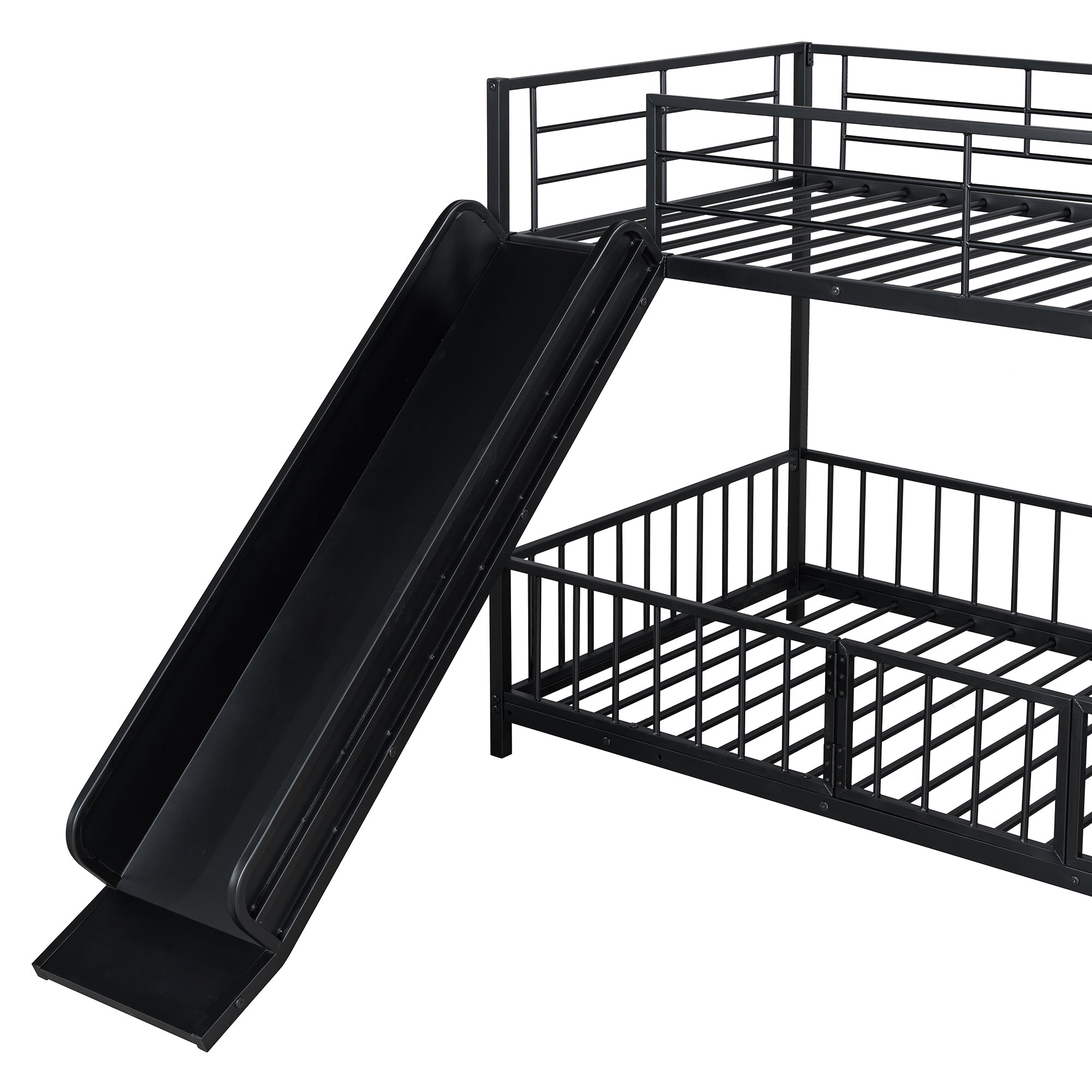 Twin over Twin Size Metal Bunk Bed with Slide and Guardrails, Black