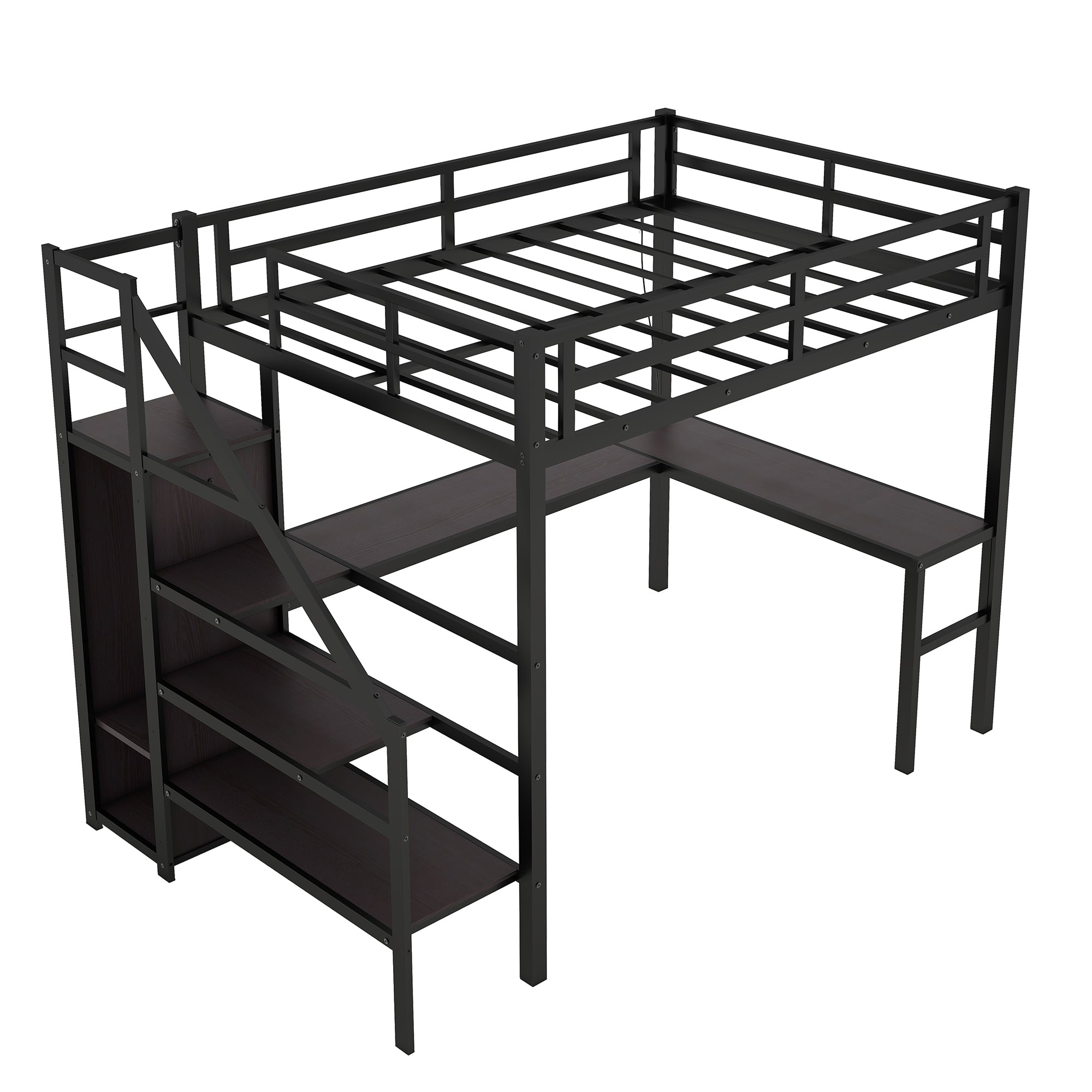 Full XL Size Loft Bed with L-shaped Desk and USB, Metal Loft Bed with Wardrobe and Adjustable Shelf, High Loft Bed with LED for Kids Teens Adults, Black(Expect Arrive 2024/10/10)