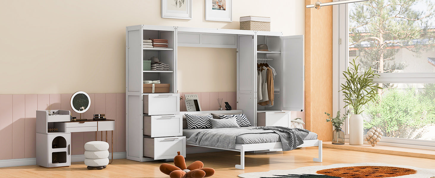 Queen Size Murphy Bed Wall Bed with Closet ,Drawers and Shelves,White