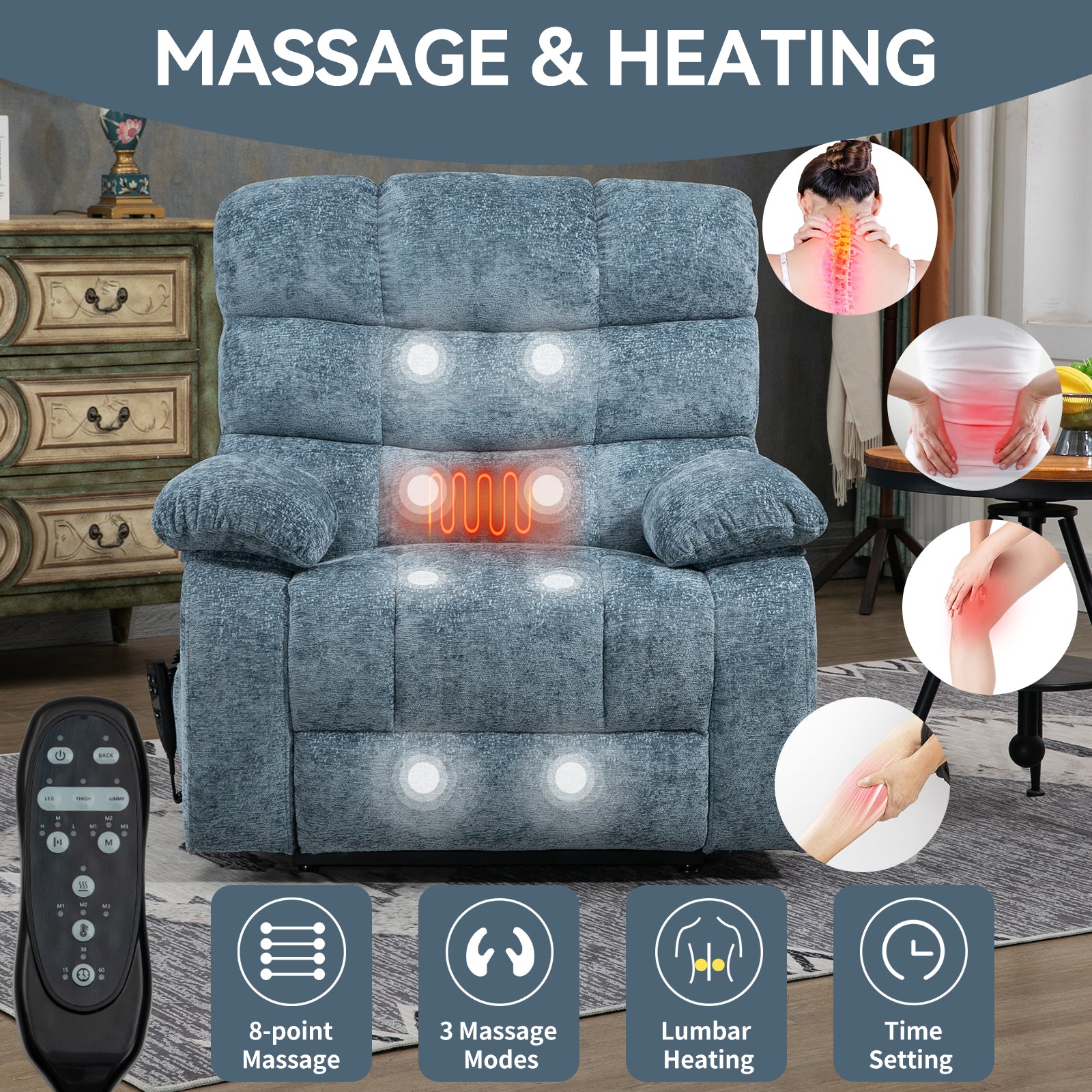 Lift Recliner Chair Heat Massage Dual Motor Infinite Position Up to 350 LBS Large Electric Power Lift Recliners with Power-Remote, Medium-firm and Heavy duty, Blue