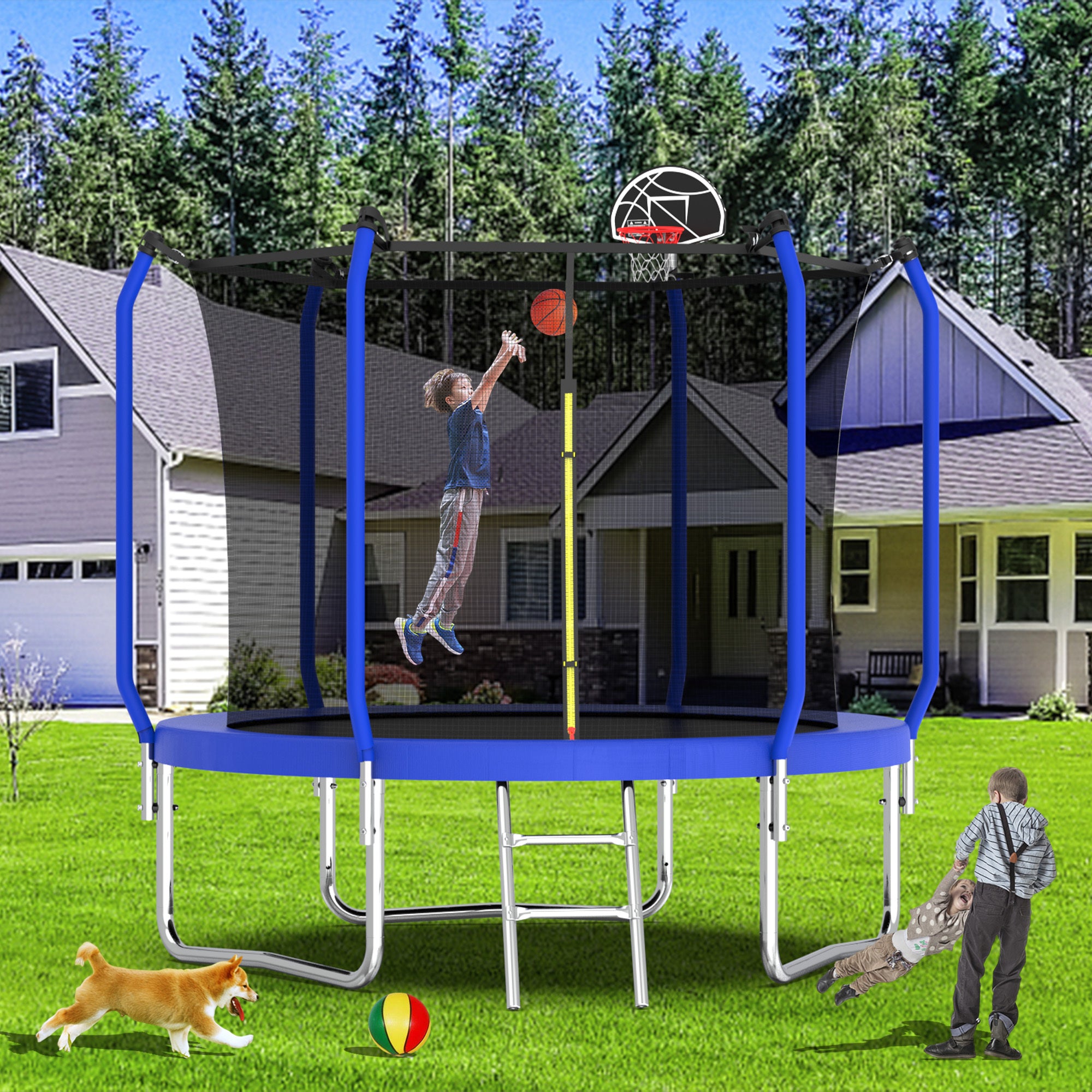 10FT Trampoline with Basketball Hoop,  ASTM Approved Reinforced Type Outdoor Trampoline with Enclosure Net