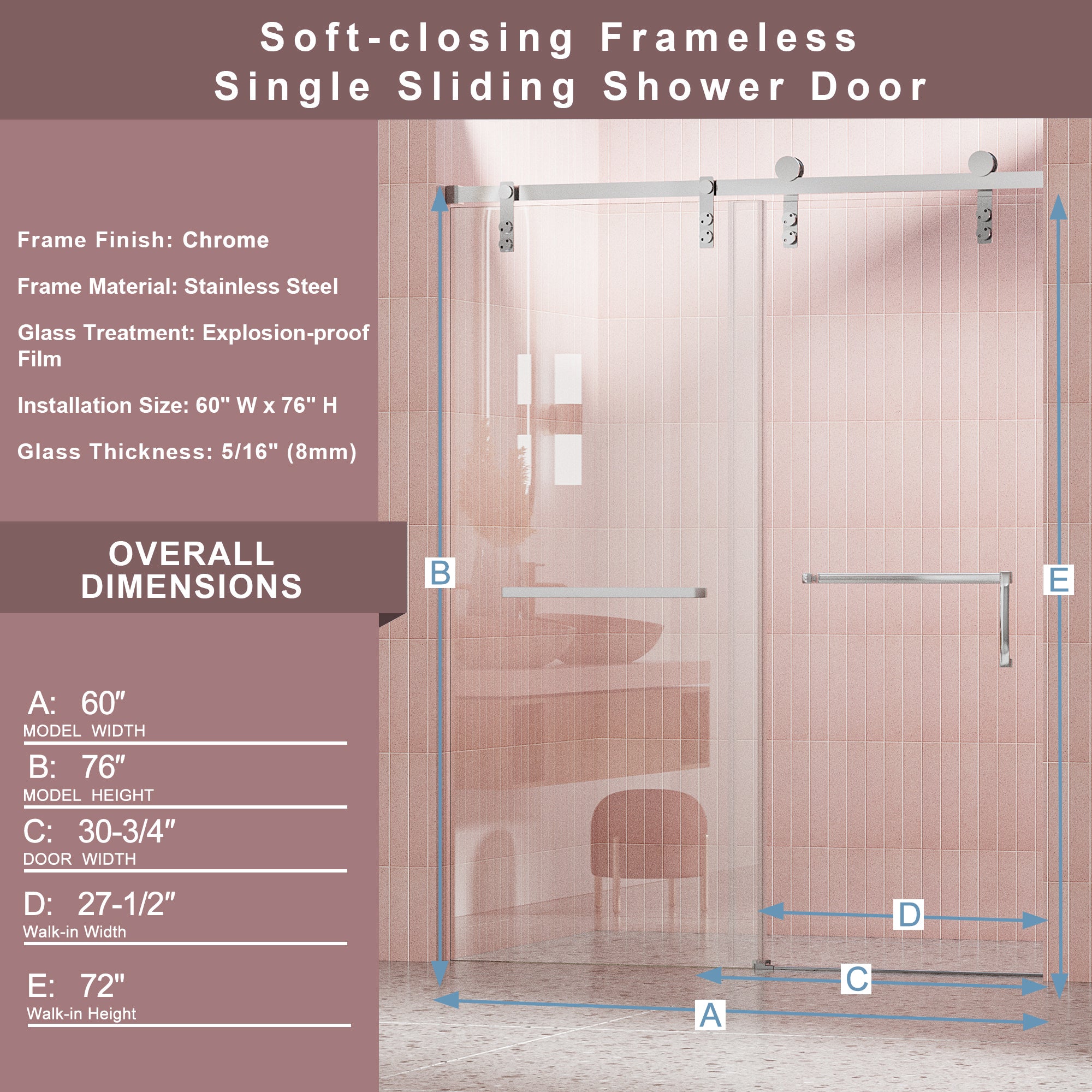 60" W x 76" H Frameless Soft-closing Shower Door, Single Sliding Shower Door, 5/16" (8mm) Clear Tempered Glass Shower Door Explosion-Proof Film, Stainless Steel Hardware, Chrome 24D211-60C-COMBO-1