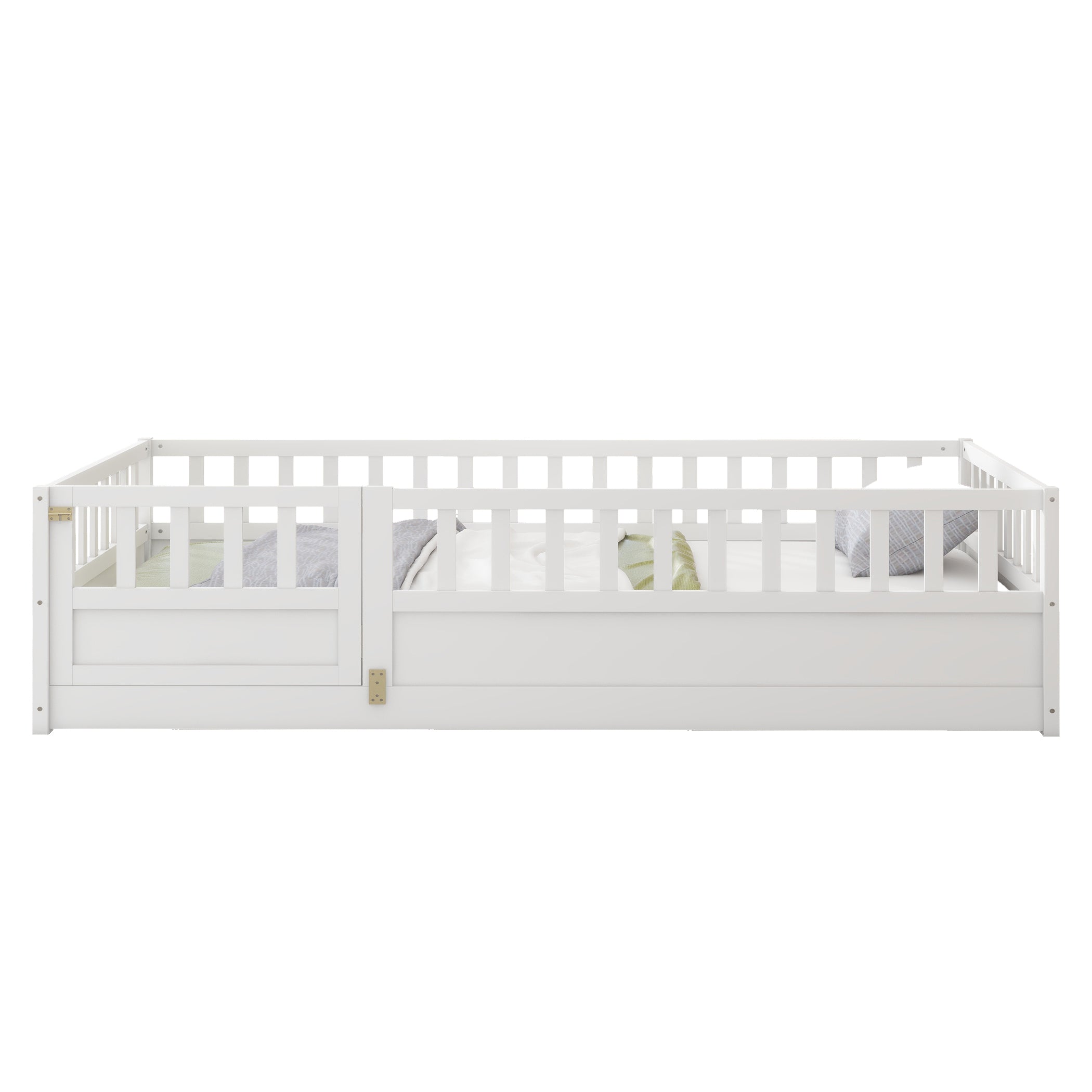 Twin Size Floor bed, integral construction with super high security barrier, door, children's floor bed frame, Montessori wooden children's floor bed, white