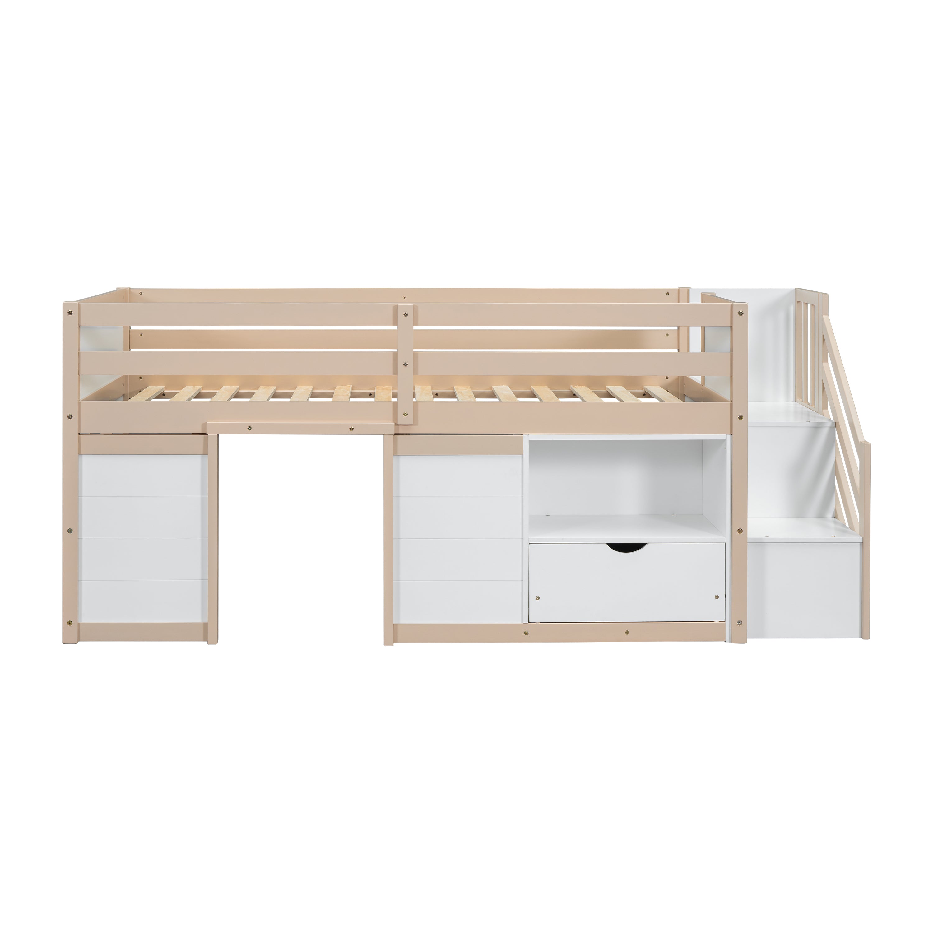 SOLID WOOD TWIN SIZE LOW LOFT BED WITH STAIR, DRAWER, AND SHELF FOR CREAM + WHITE COLOR