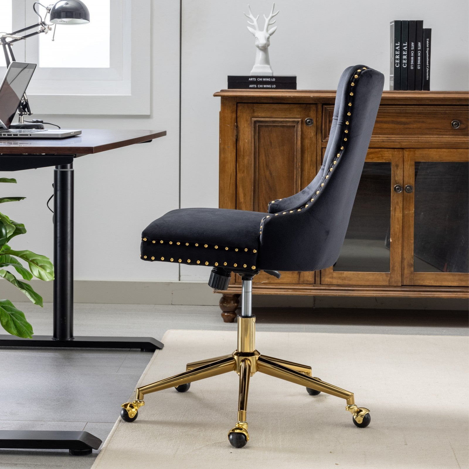 A&A Furniture Office Chair,Velvet Upholstered Tufted Button Home Office Chair with Golden Metal Base,Adjustable Desk Chair Swivel Office Chair (Black)