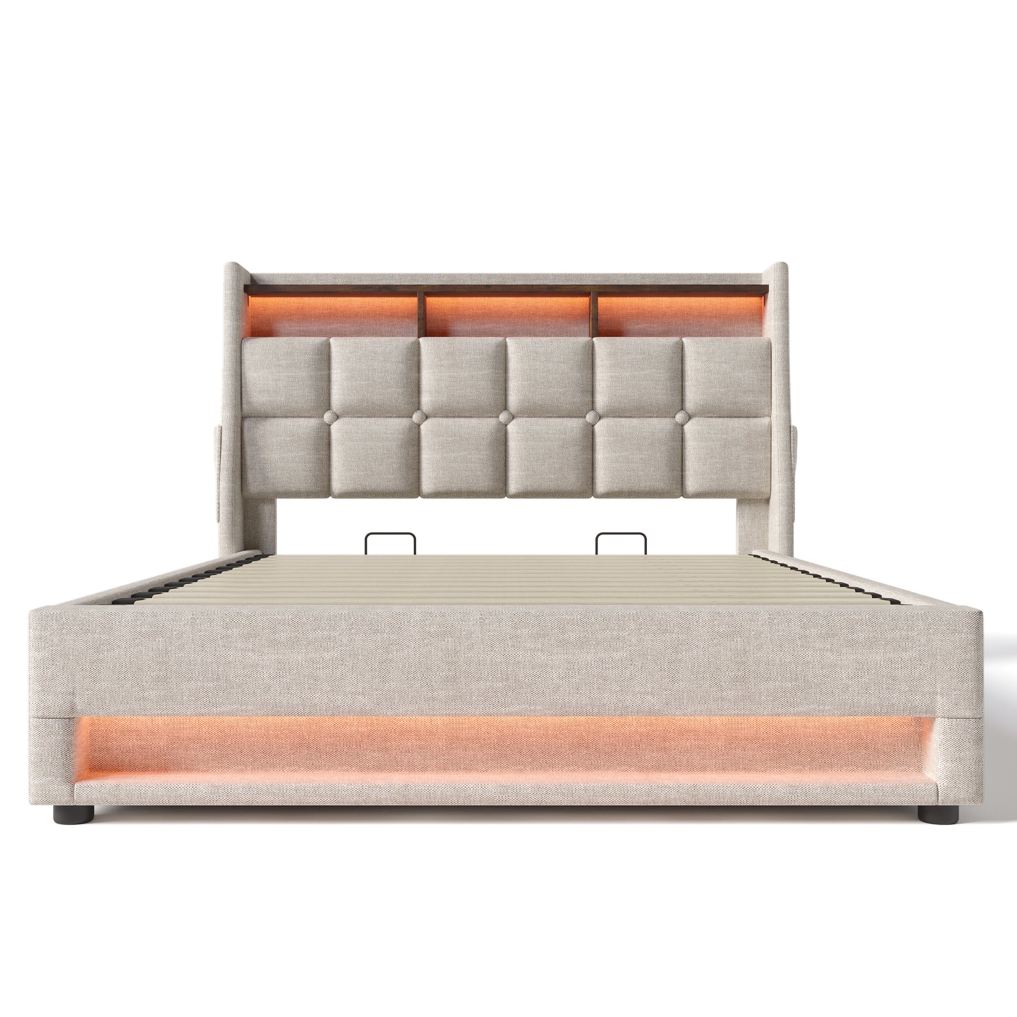 Queen size Upholstered Platform bed with a Hydraulic Storage System, LED and USB Charging, Natural (without mattress)