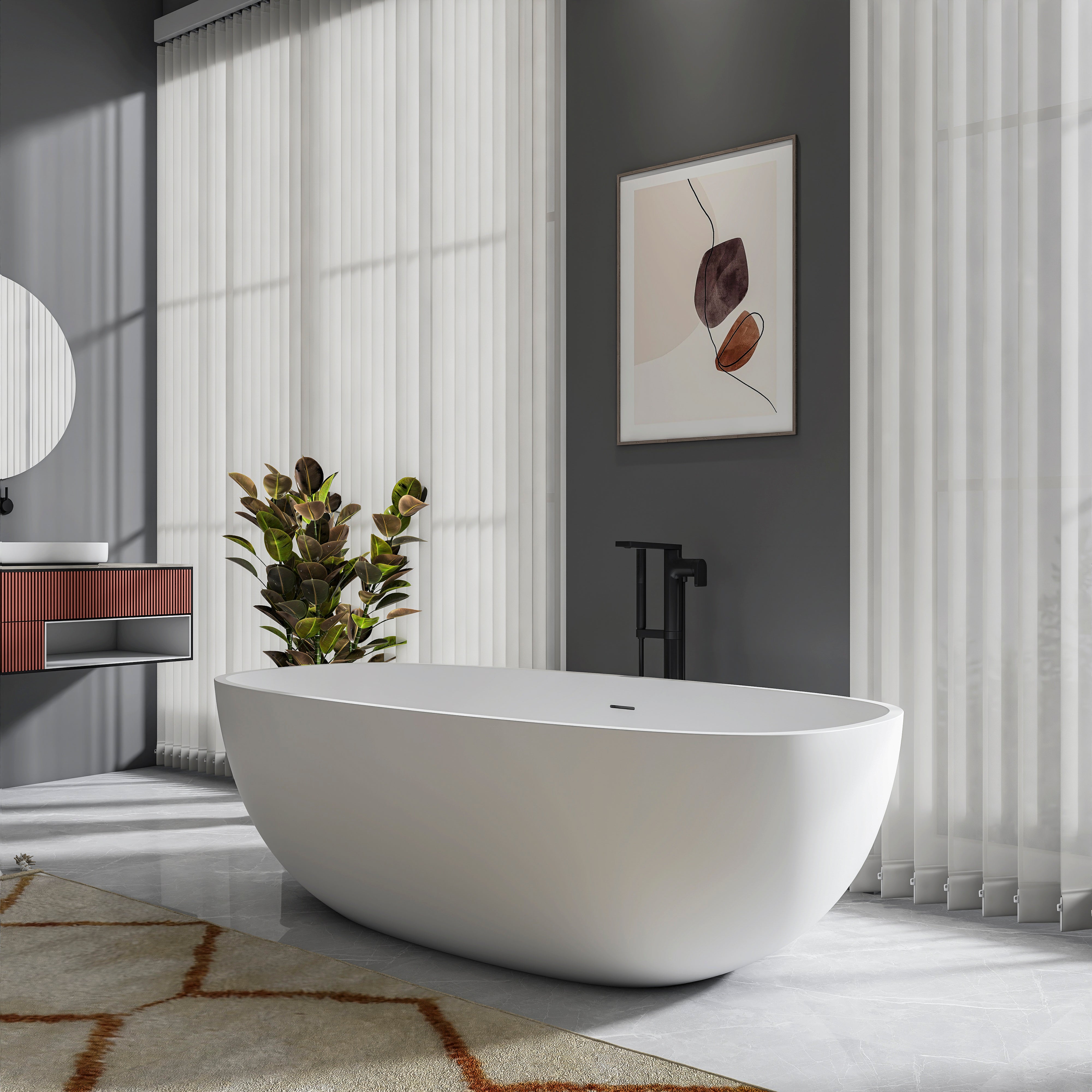 71 inch solid surface freestanding soaking bathtub, white, angled front view