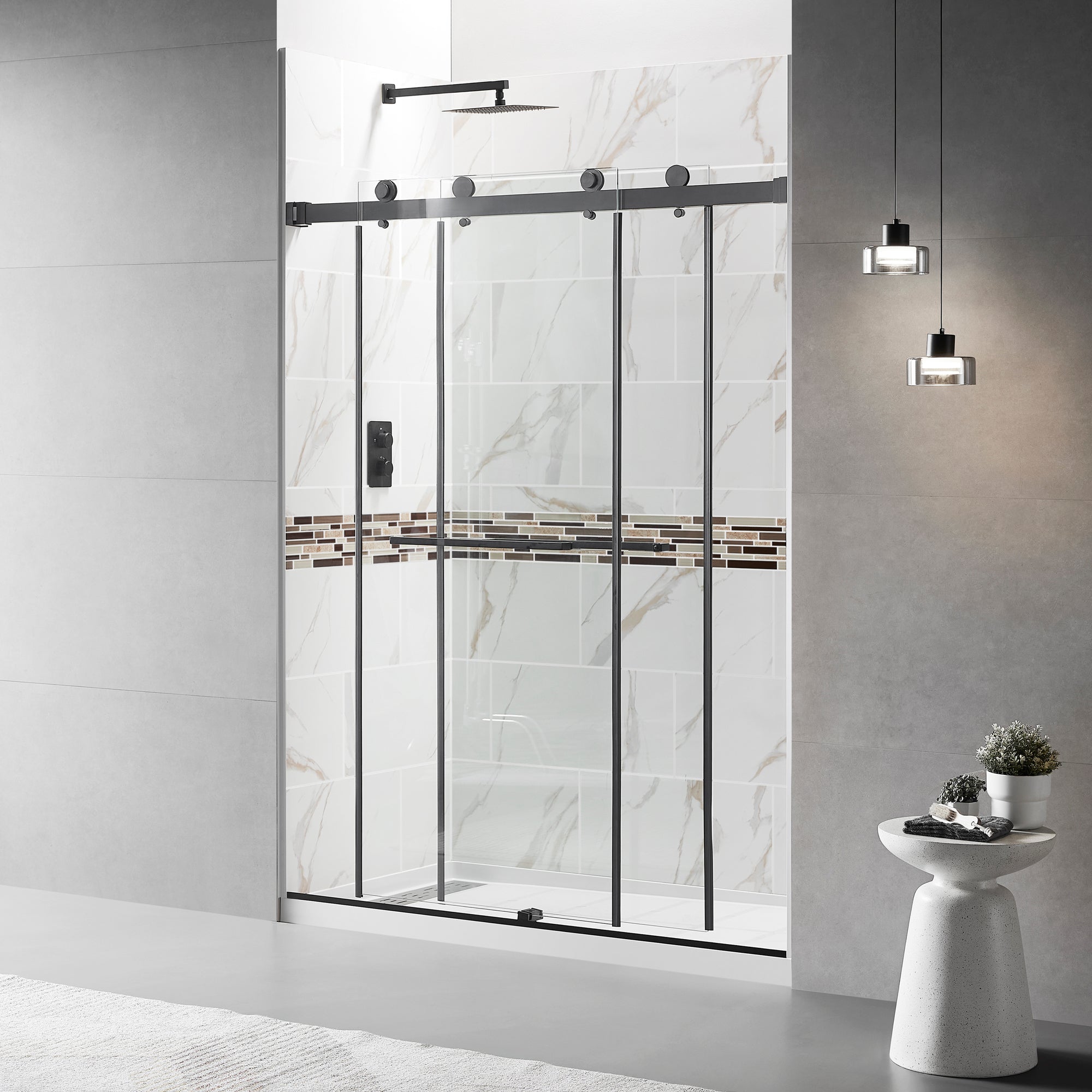 56" - 60"W x 76"H Frameless Double Sliding Shower Door, 3/8"(10mm) Clear Tempered Glass, Glass Door For Bathroom, Matte Black Finish