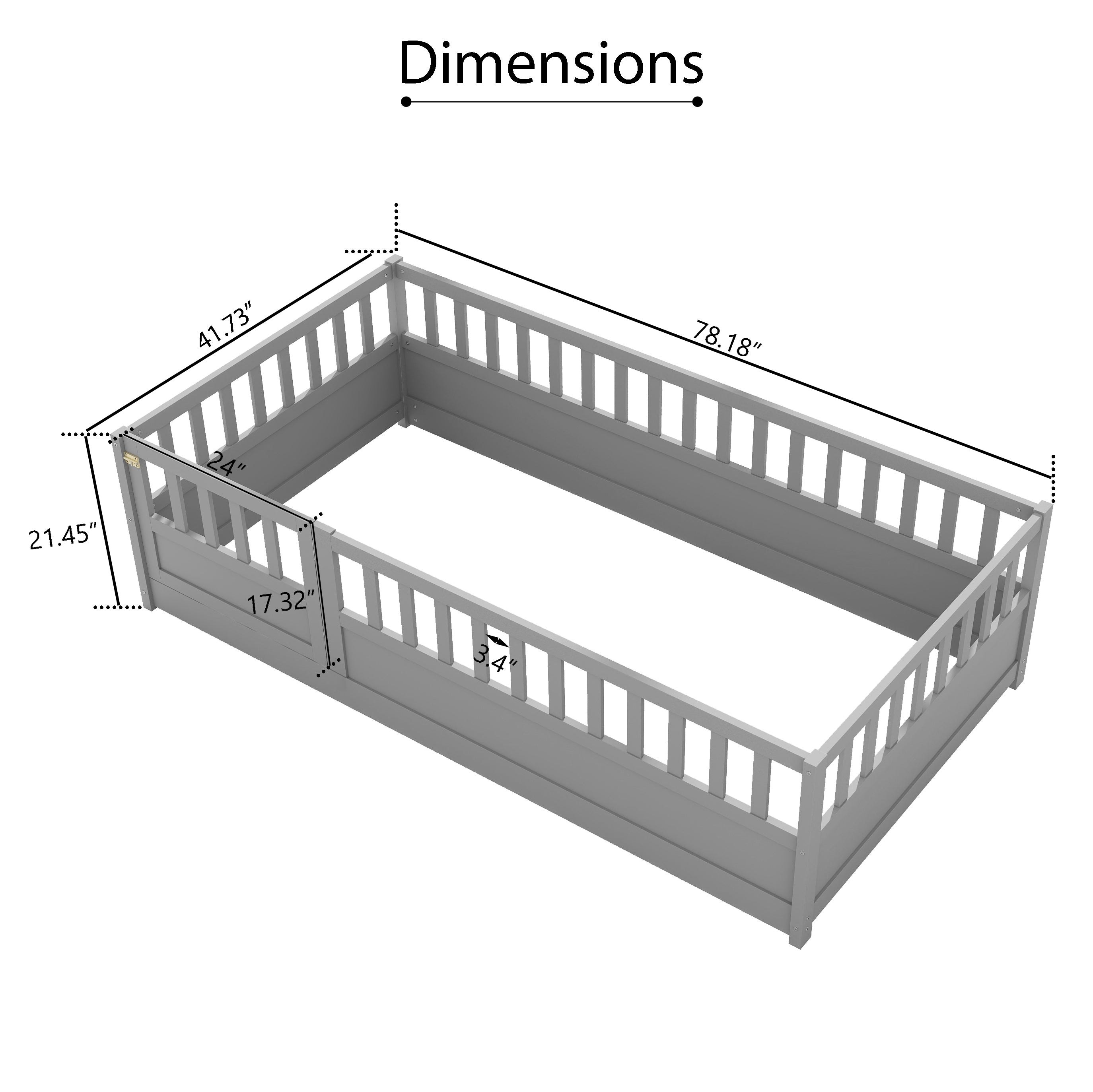 Twin Size Floor bed, integral construction with super high security barrier, door, children's floor bed frame, Montessori wooden children's floor bed,  Grey