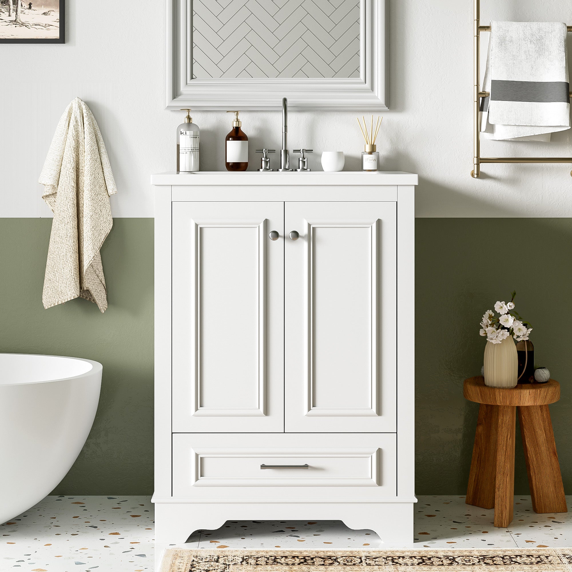 Modern bathroom vanity ceramic sink combo with soft-closing doors, detail view