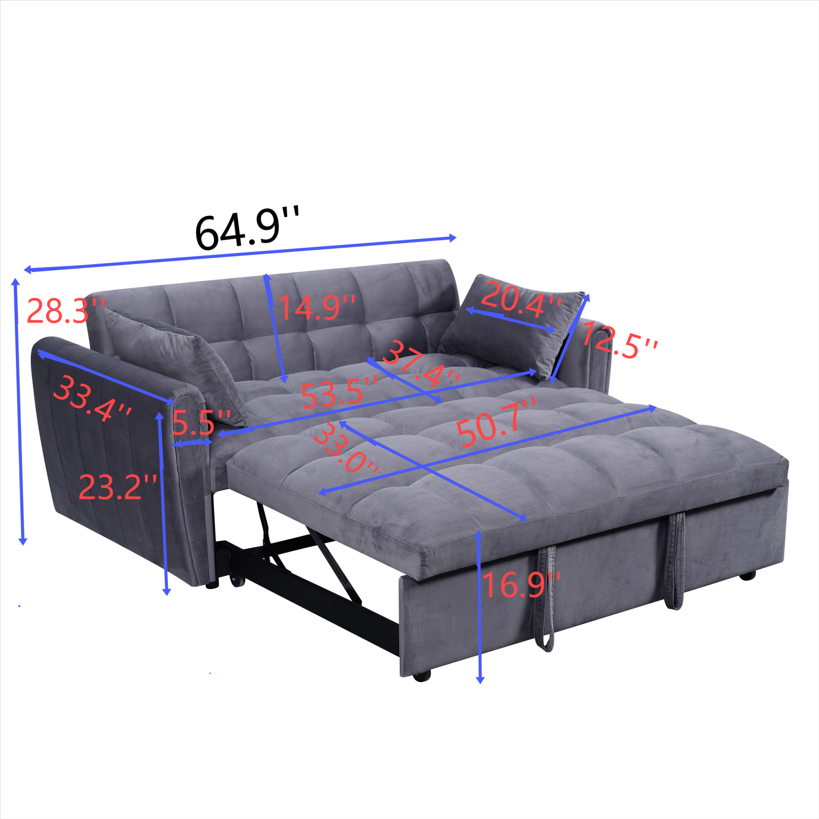 64.9 "3-in-1 foldable large size sofa bed, modern velvet double sofa, sofa bed with adjustable back, storage bag and pillow, suitable for living room, bedroom (dark grey)