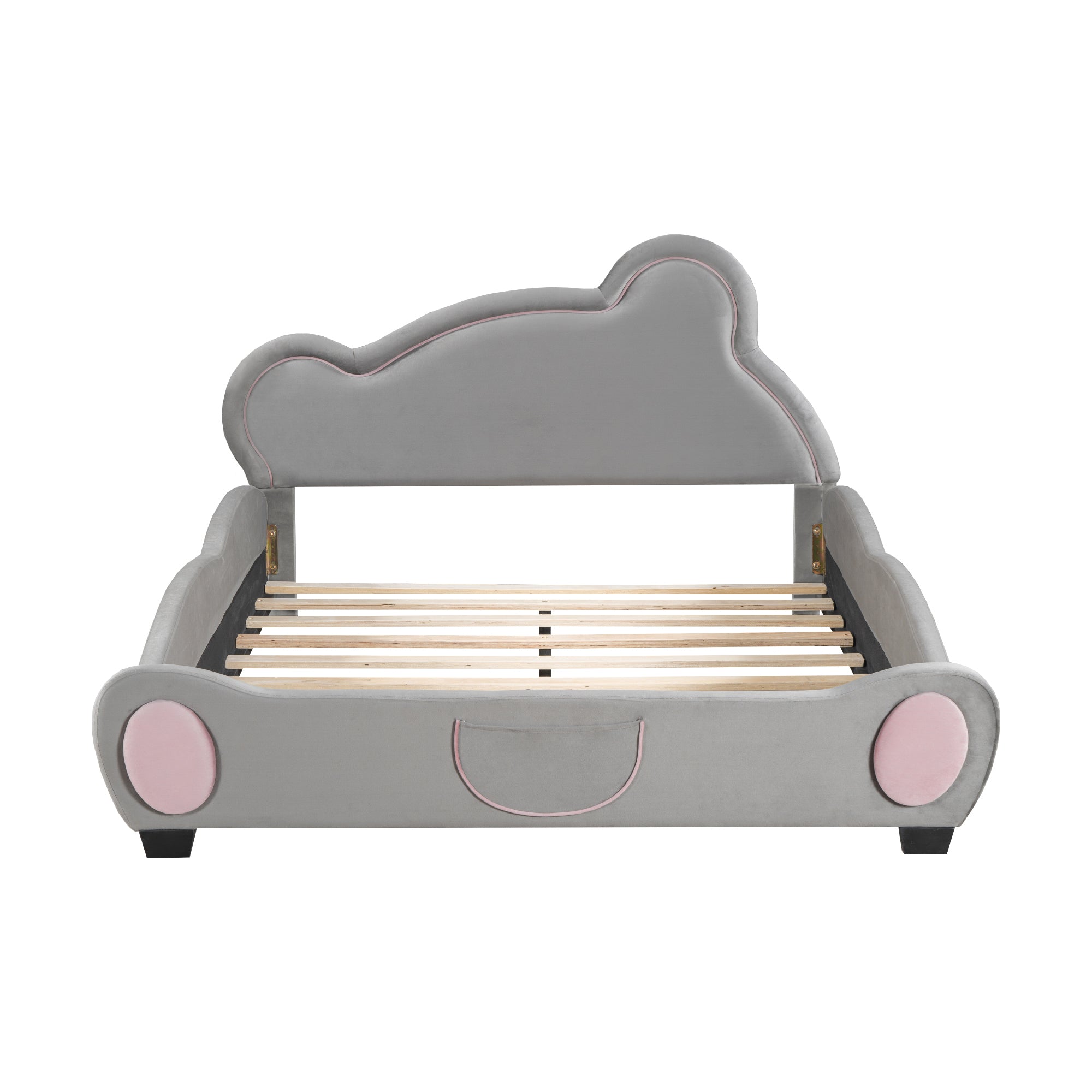 Full Size Velvet Platform Bed with Bear-Shaped Headboard, with Bed-End Storage Pocket, Gray