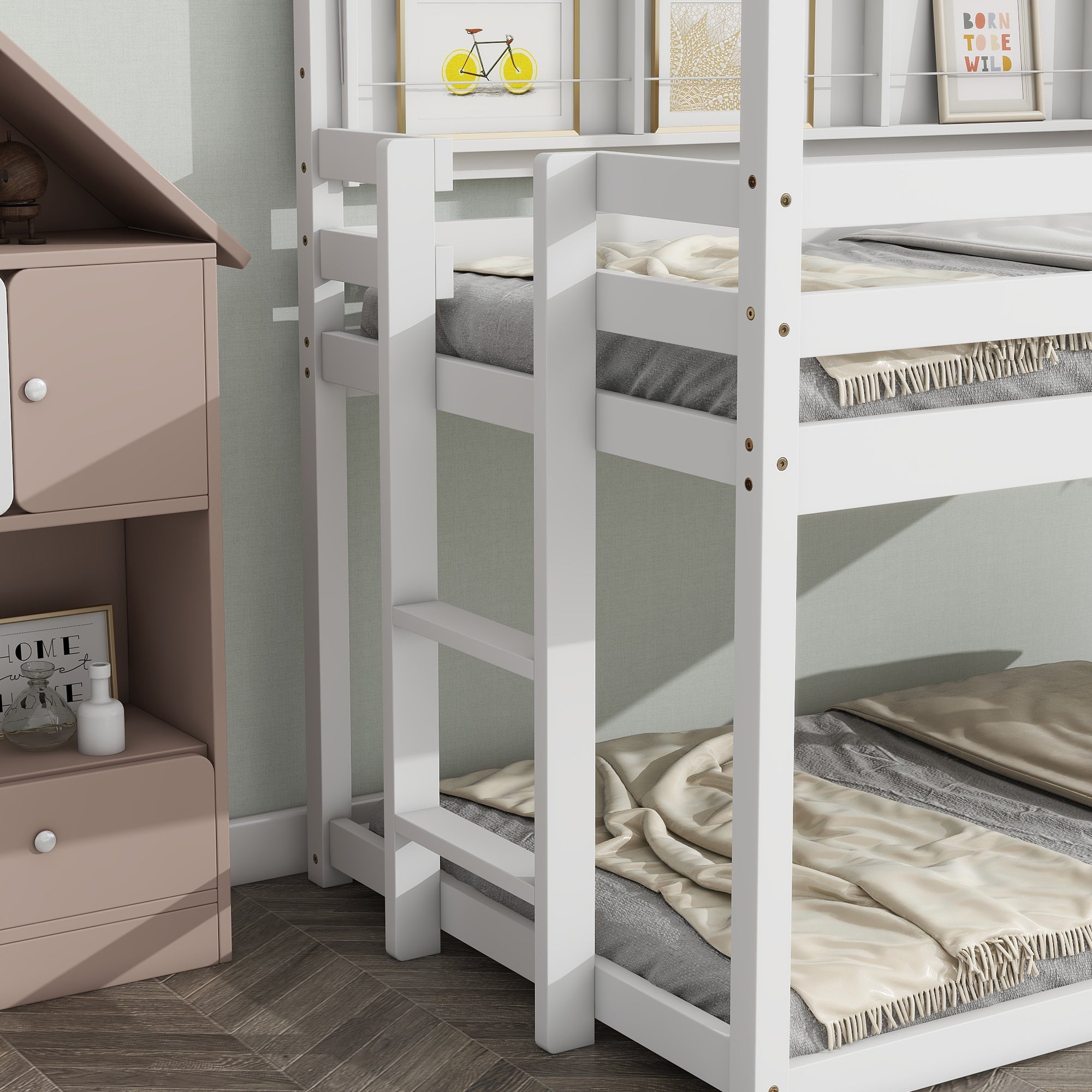 Twin Over Twin Low Bunk Bed with House Semi-enclosed Roof,Guardrails, Bedside Shelves and Ladder, White