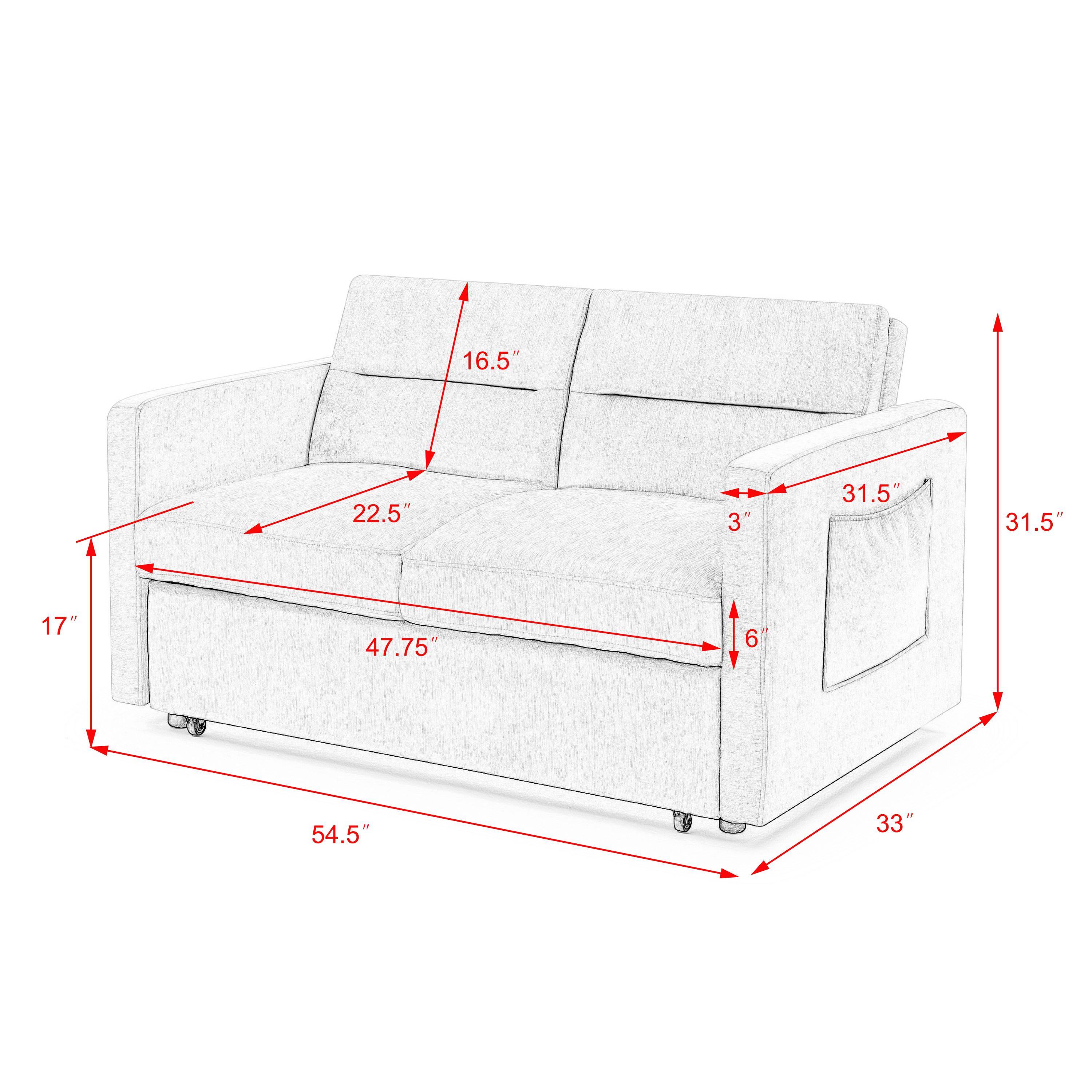 Loveseats Sofa Bed with Pull-out Bed,Adjsutable Back and Two Arm Pocket-Light grey(54.5"x33"x31.5")