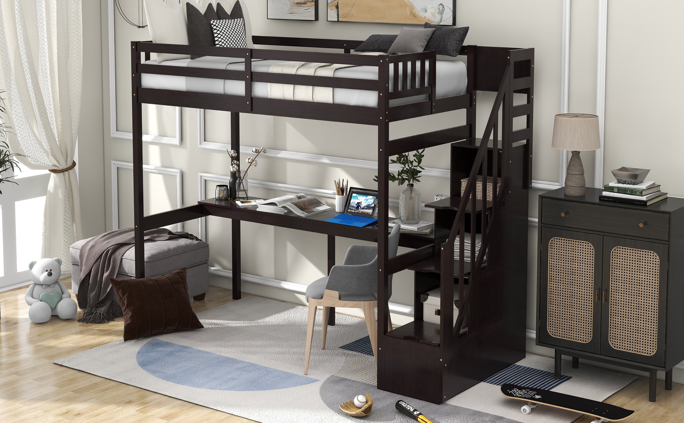 Twin Size Loft Bed with Storage Staircase and Built-in Desk, Espresso (Old SKU:GX000903AAP)