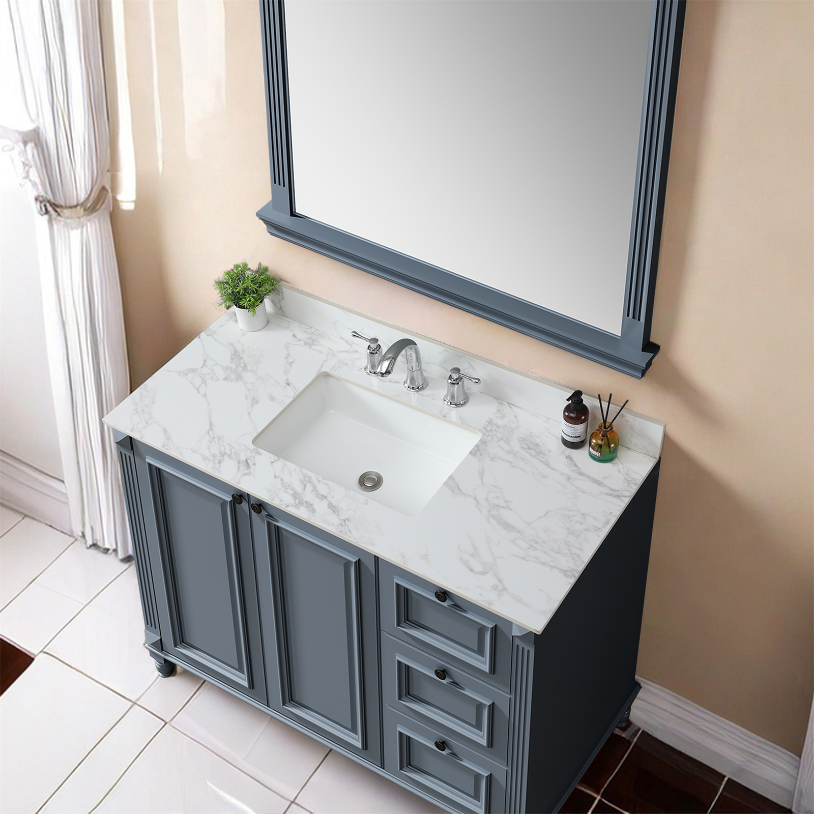 49"x22"Bathroom Vanity Top,sintered stone carra white   Barthroom Vanity Sink Tops with Rectangular Undermount Ceramic Sink with Vanity Backsplash, Three Faucet Hole Bathroom Vanity Countertop