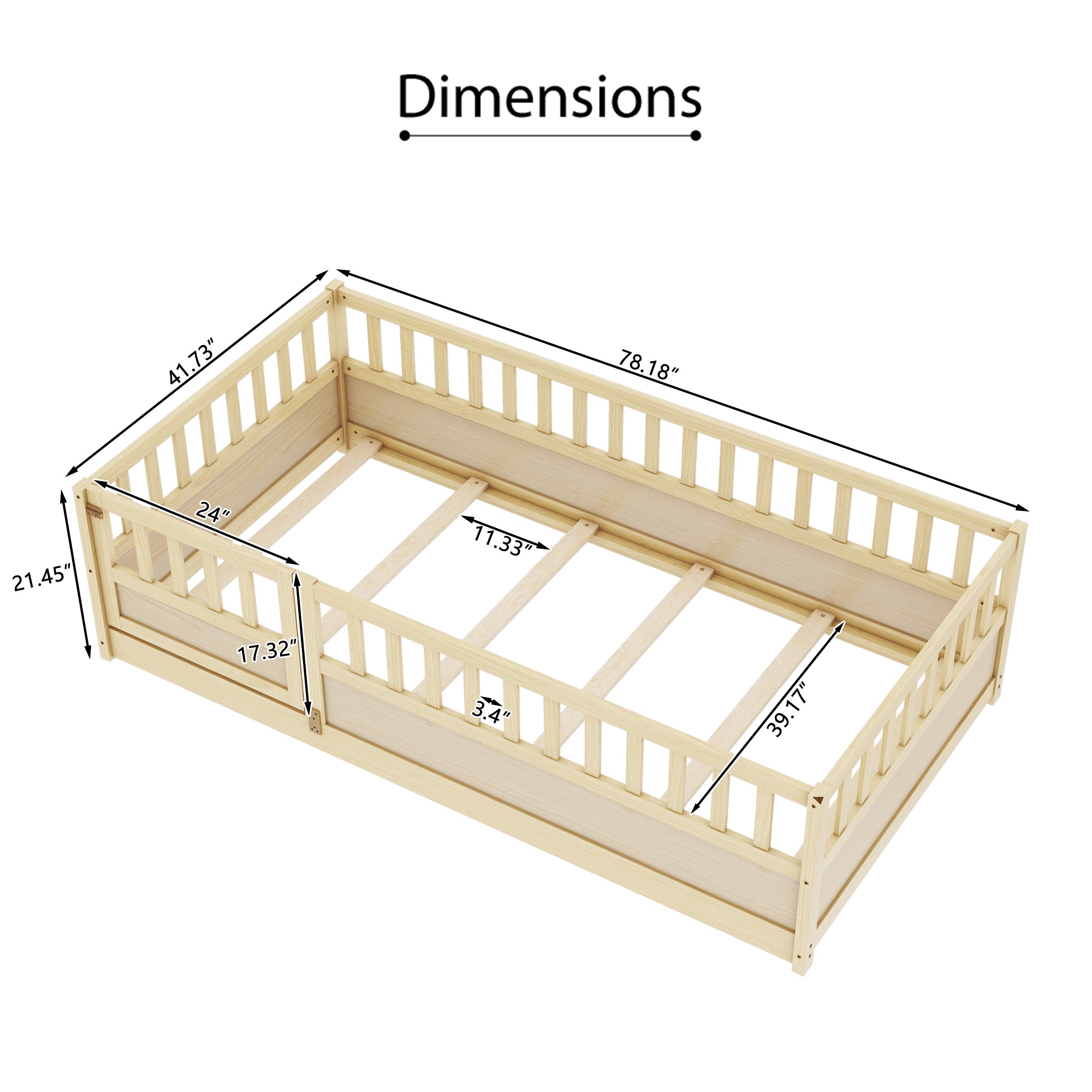 Twin Size Floor bed, integral construction with super high security barrier, door, children's floor bed frame, Montessori wooden children's floor bed, Support  slat Natural Wood