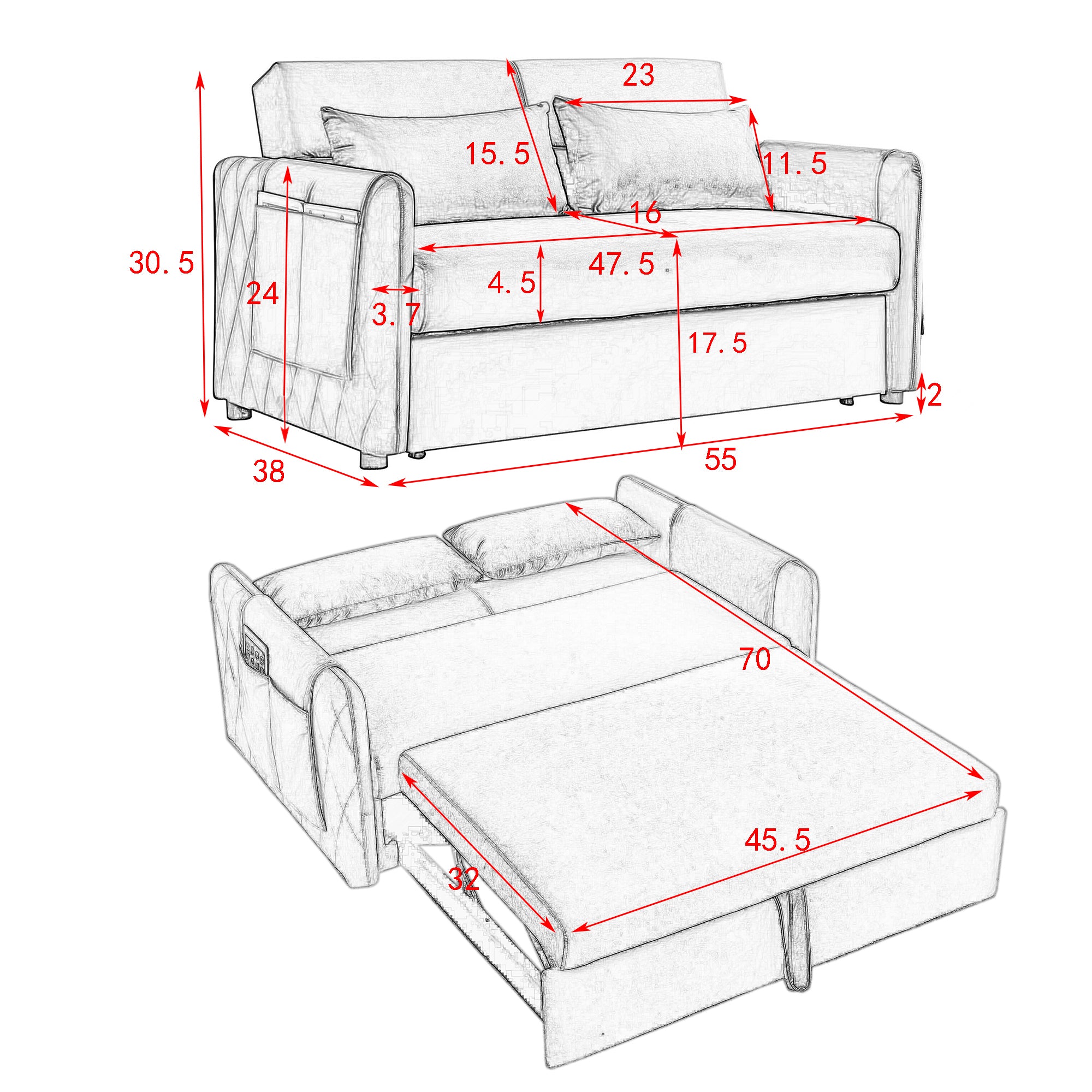 55" Modern Convertible Sofa Bed with 2 Detachable Arm Pockets, Velvet Loveseat Sofa with Pull Out Bed, 2 Pillows and Living Room Adjustable Backrest, Grid Design Armrests