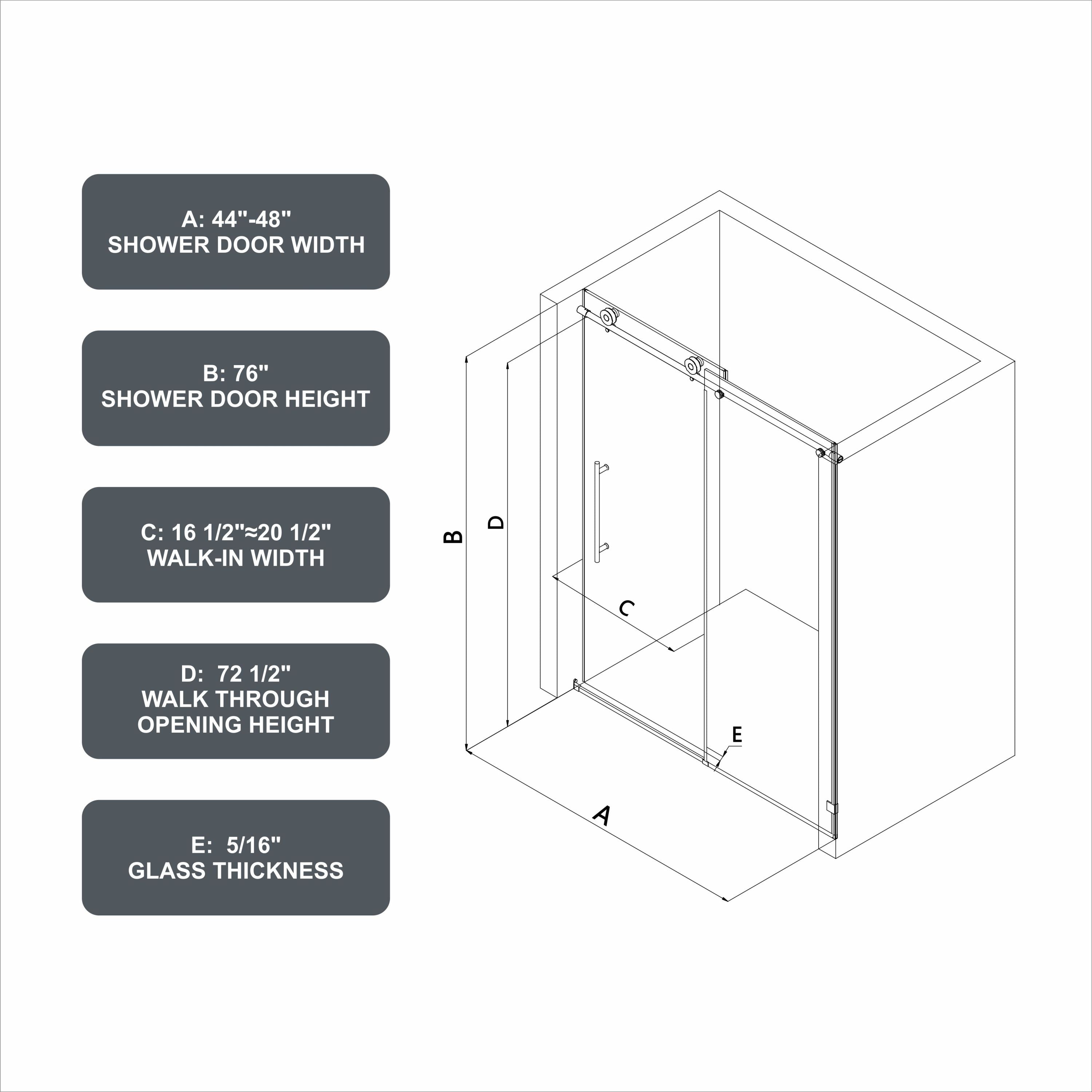 48"W x 76"H Chrome frameless one fixed and one shifted Shower Door, 70MM 304 stainless steel large pulleys with adjustable soft closing function,with nano easy cleaning and stick explosion-proof menbrance