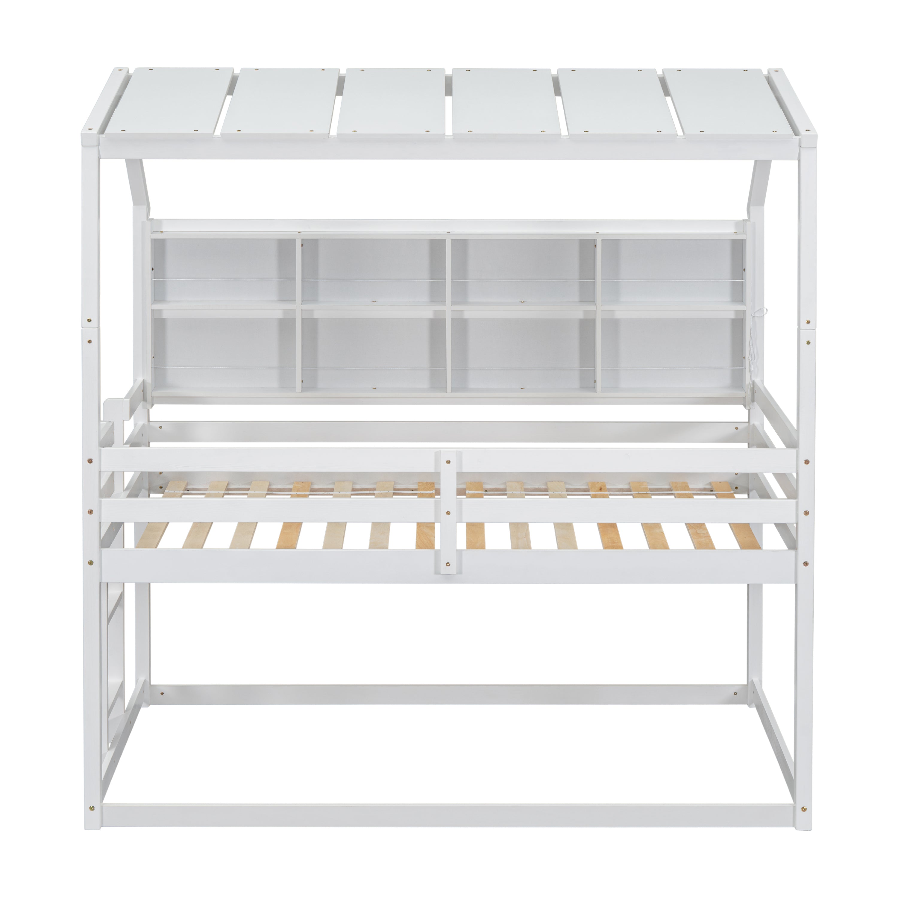 Twin Over Twin Low Bunk Bed with House Semi-enclosed Roof,Guardrails, Bedside Shelves and Ladder, White