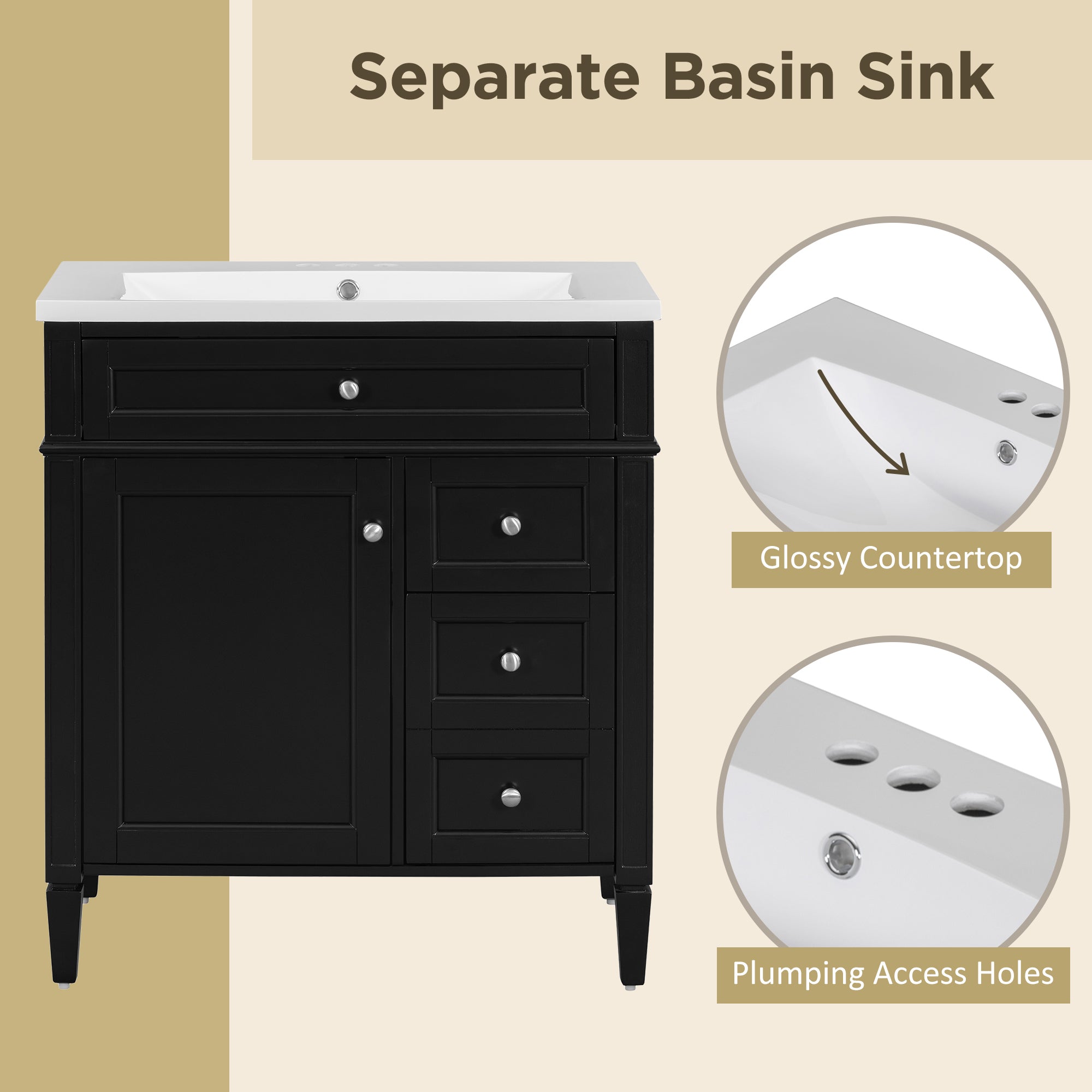 30'' Bathroom Vanity with Top Sink, Modern Bathroom Storage Cabinet with 2 Drawers and a Tip-out Drawer, Single Sink Bathroom Vanity