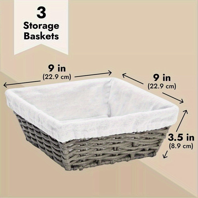 3 Pcs 9 Inch Square Wicker Storage Basket with Lined Organization