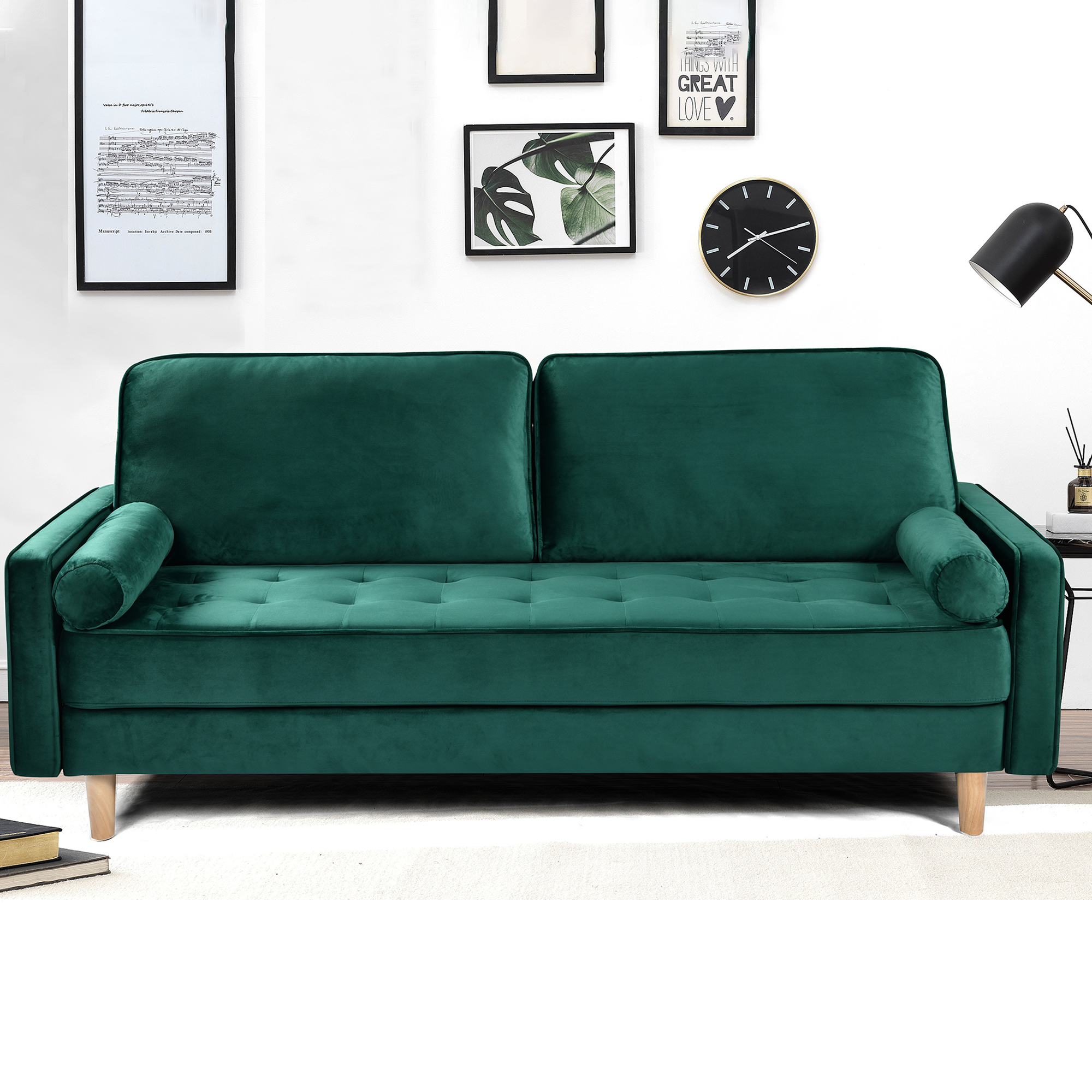 Sofa Simple Small House Double Three Person Straight Row American Retro Green Velvet Furniture Fabric Sofa Small Living Room Bedroom Office