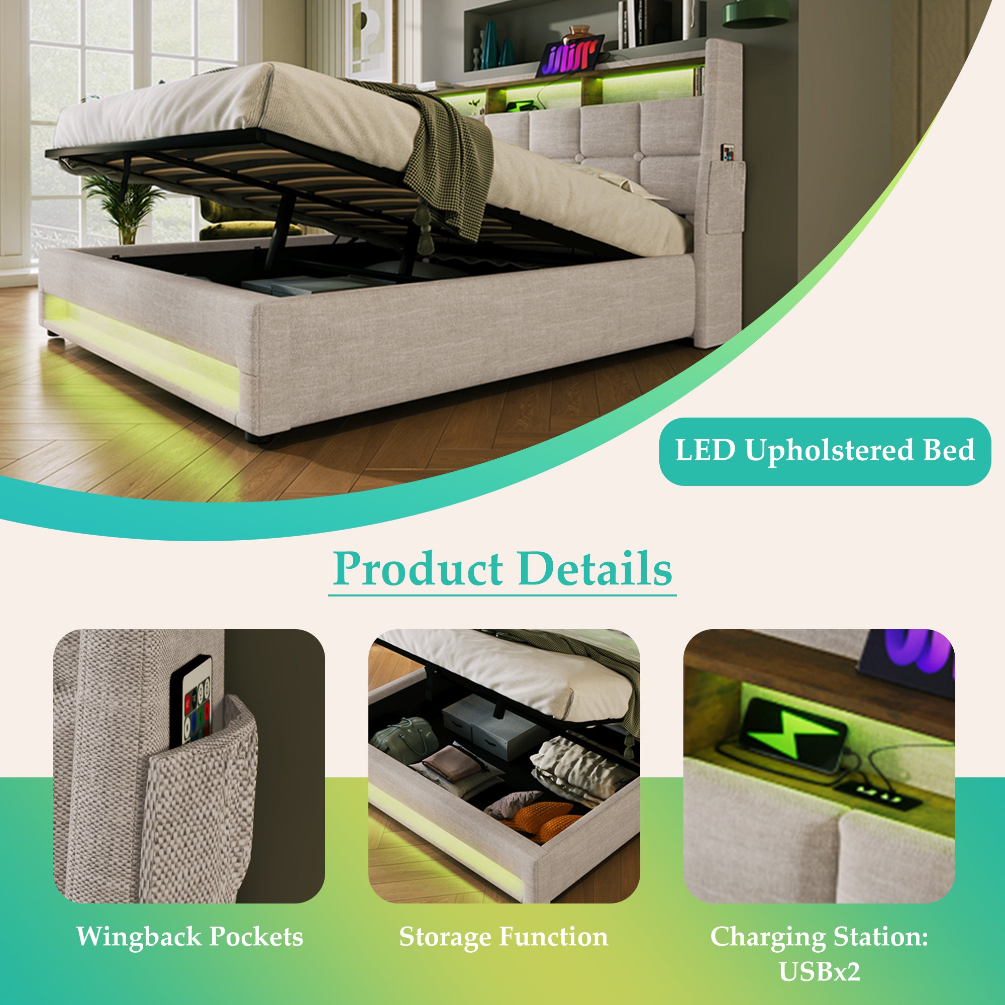 Queen size Upholstered Platform bed with a Hydraulic Storage System, LED and USB Charging, Natural (without mattress)