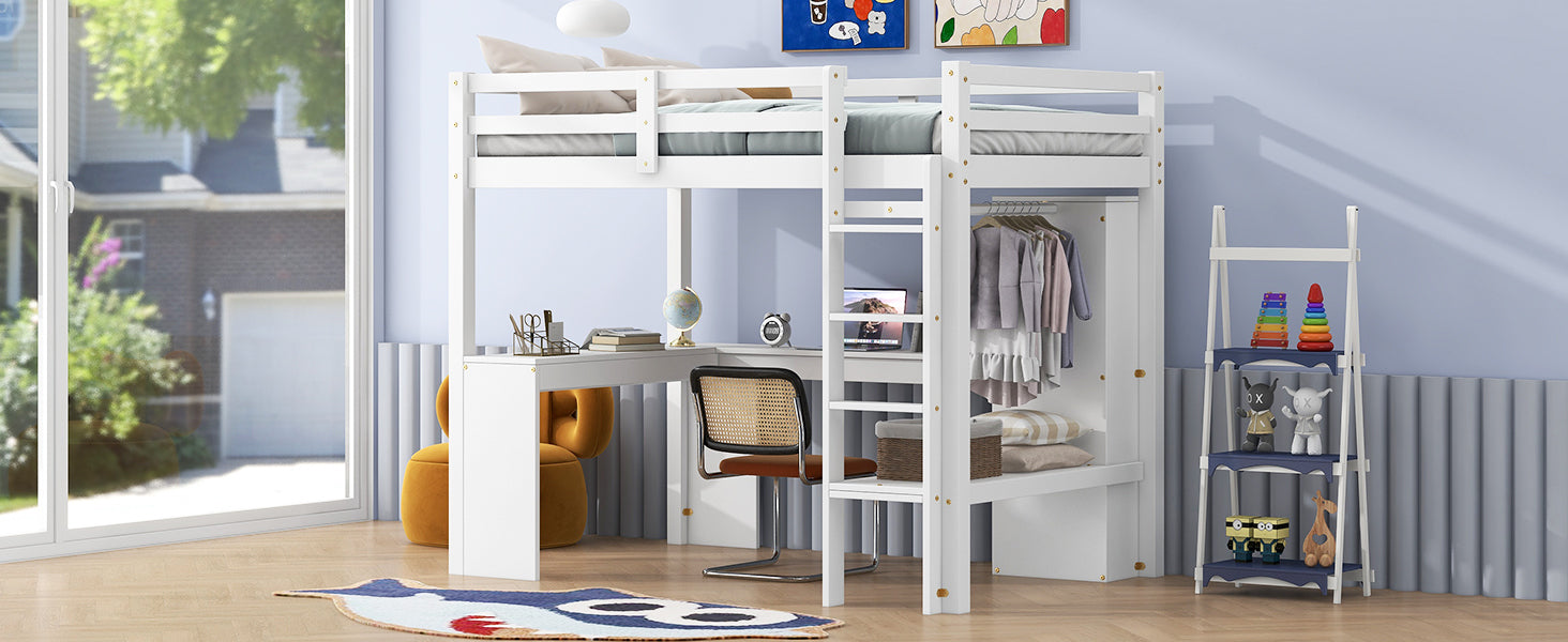 Twin Size Loft Bed with L-shaped Desk, Wardrobe and Storage Shelves, White