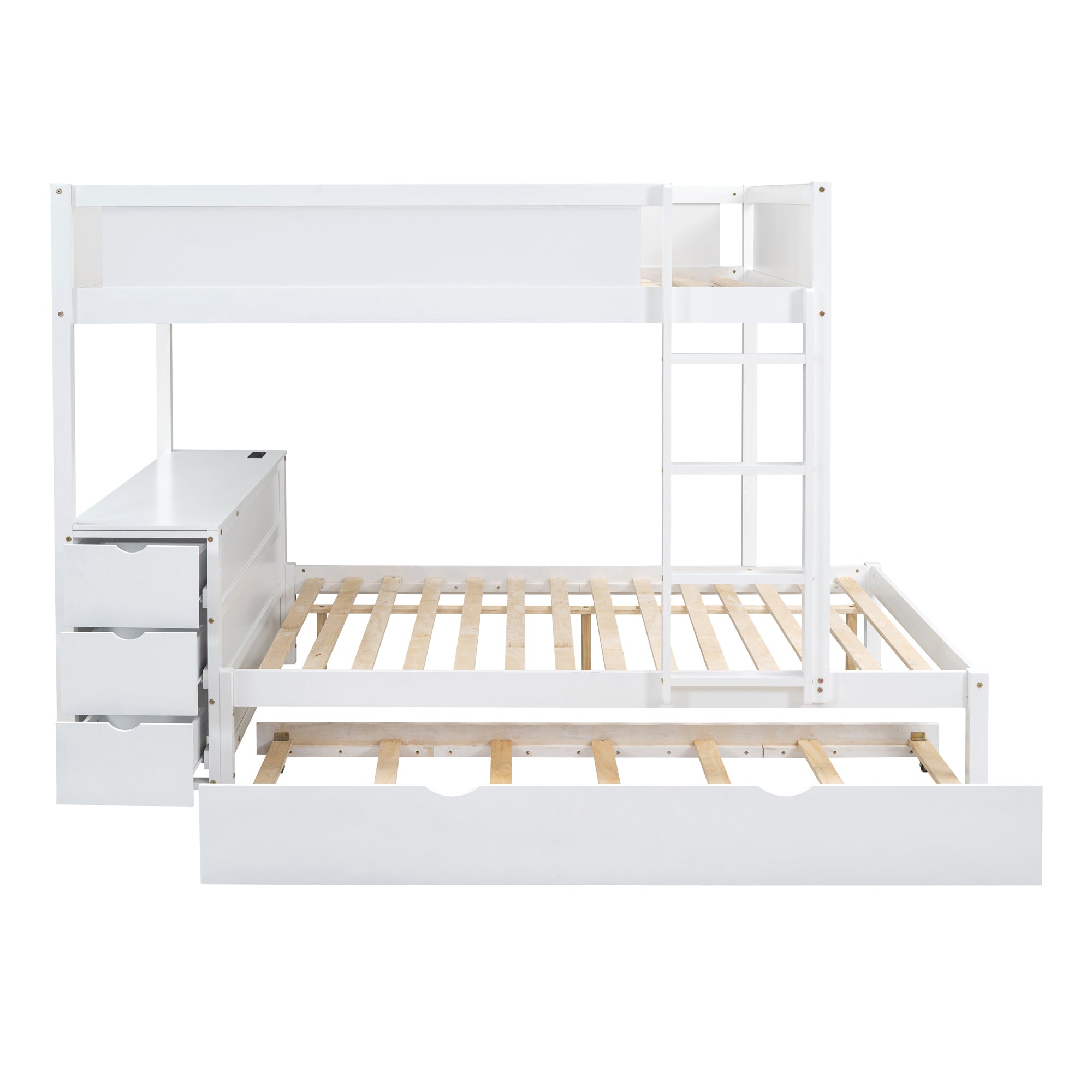 Full-Over-Full Bunk Bed with Twin size Trundle, Storage and Desk, White