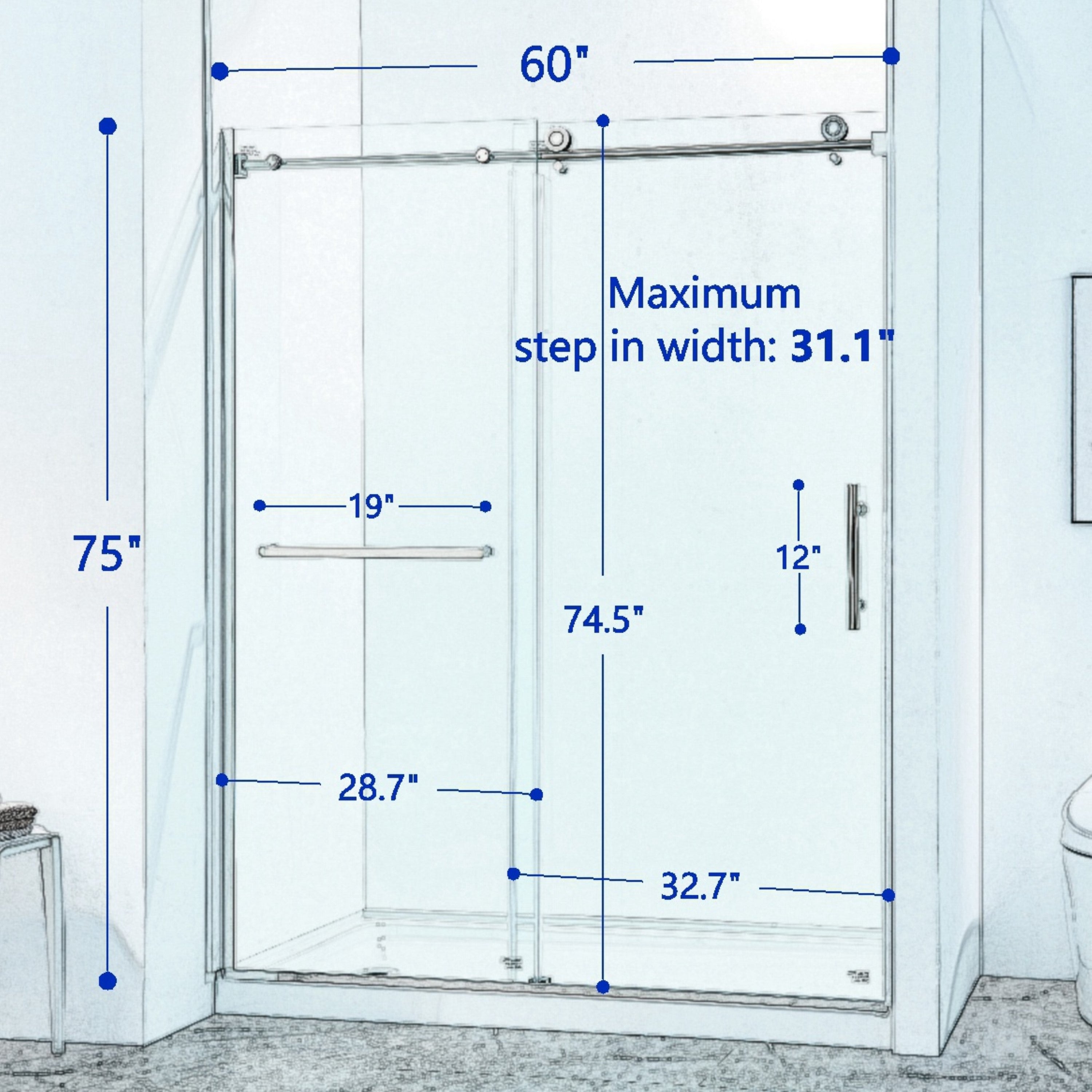 56-60"W x 75"H Semi-Frame Single Sliding Shower Door, 304 Stainless Steel in Chrome, 5/16" (8mm) Thick SGCC Tempered Clear Glass.