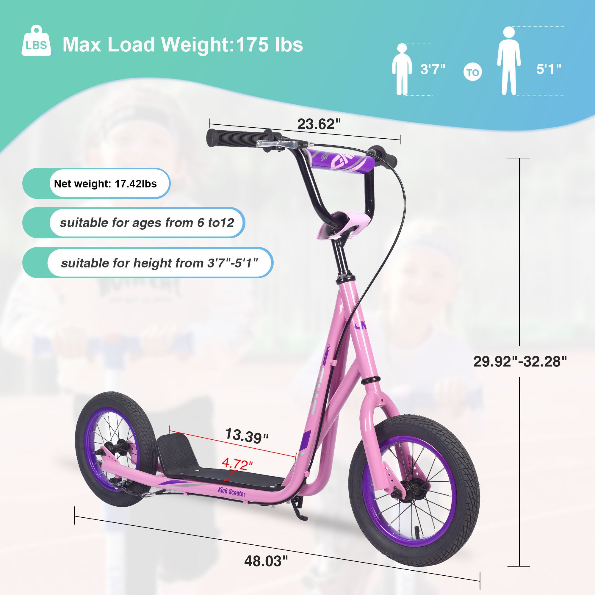 Youth Scooter Kick Scooter for Kids 6+ with Adjustable Handlebar, 12 Inch Inflatable Wheels ,Widened non-slip Footboard