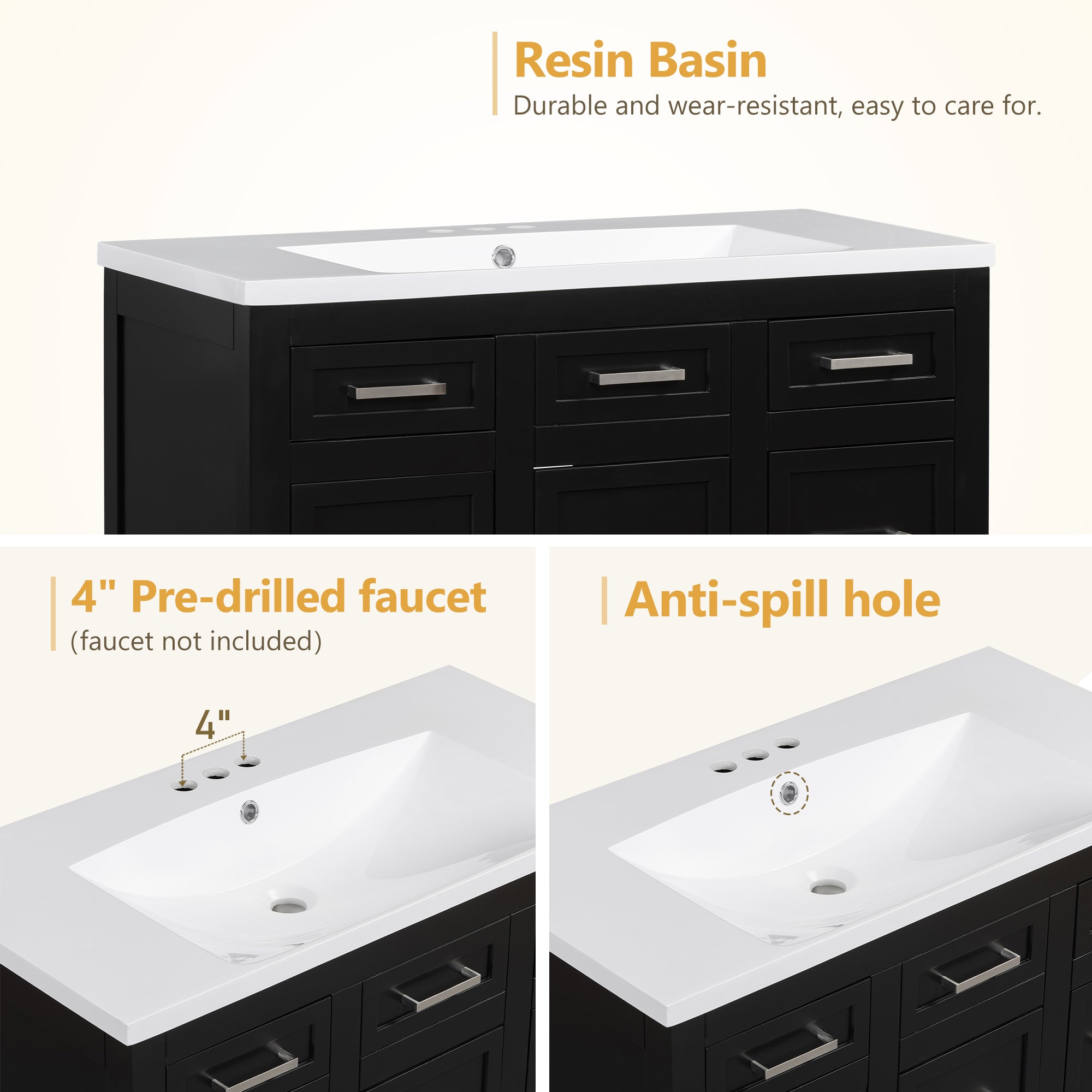 36" Bathroom Vanity Cabinet with Resin Integrated Sink - 4 Drawers, 2 Doors