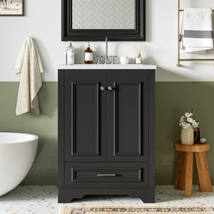 24 inch modern freestanding bathroom vanity with ceramic sink, front view