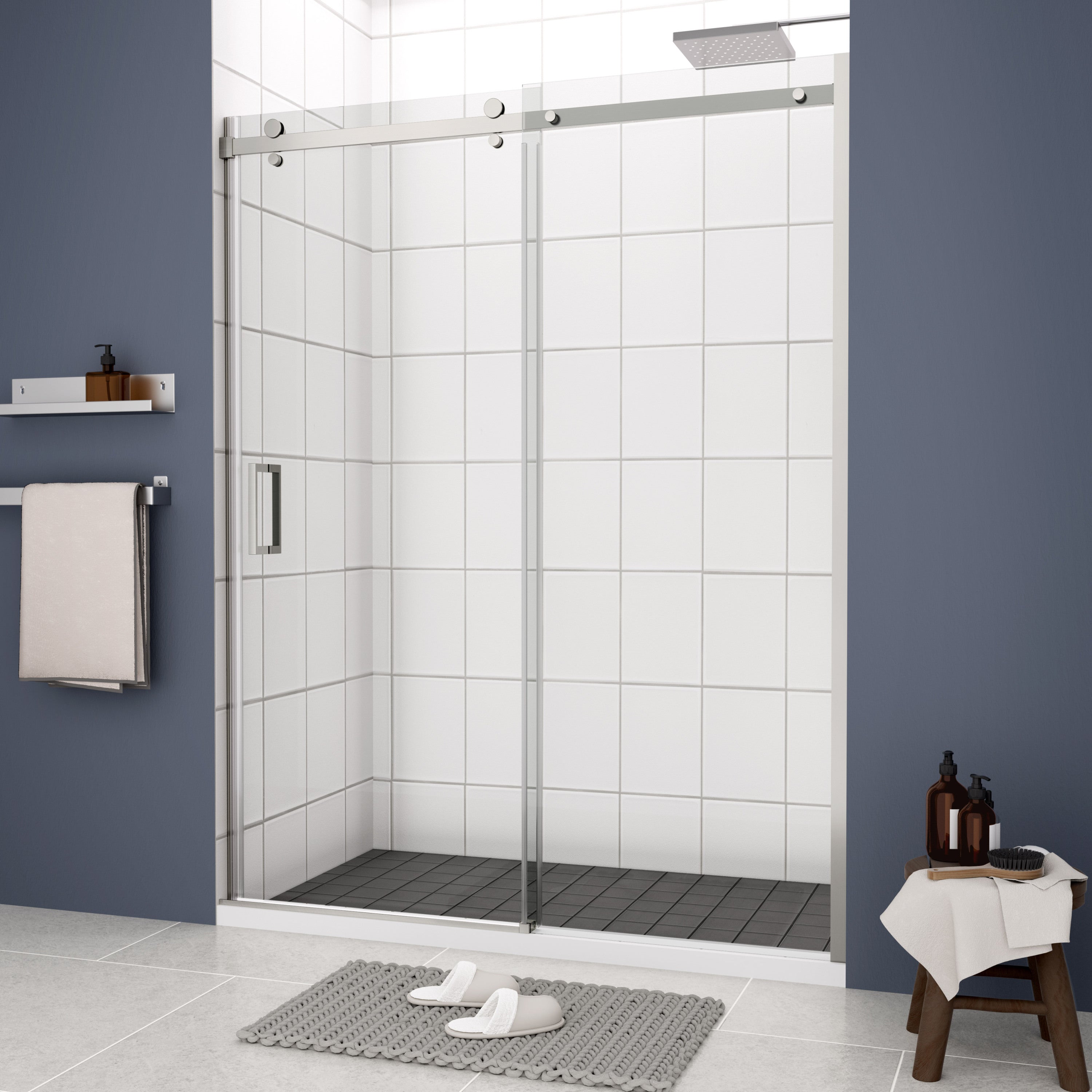 60"W x 74"H Glass shower door, sliding door, with 5/16" tempered glass and Polished Chrome finish 6074