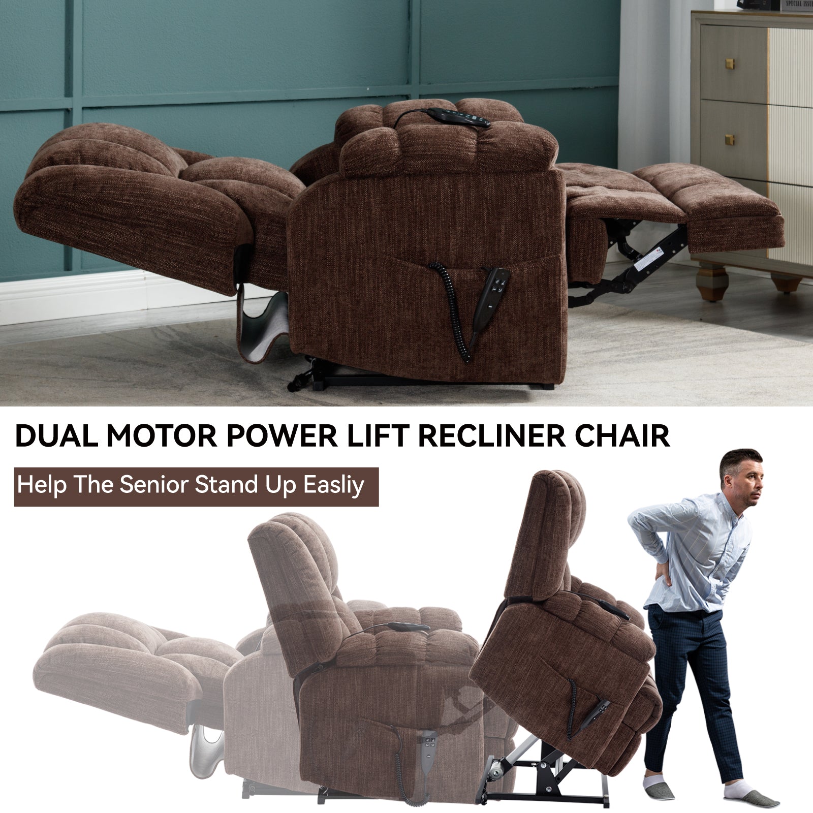 Dual Motor Heat Massage Infinite Position Up to 350 LBS Electric Power Lift Recliners with Power-Remote, Medium-firm and Heavy Duty, Brown