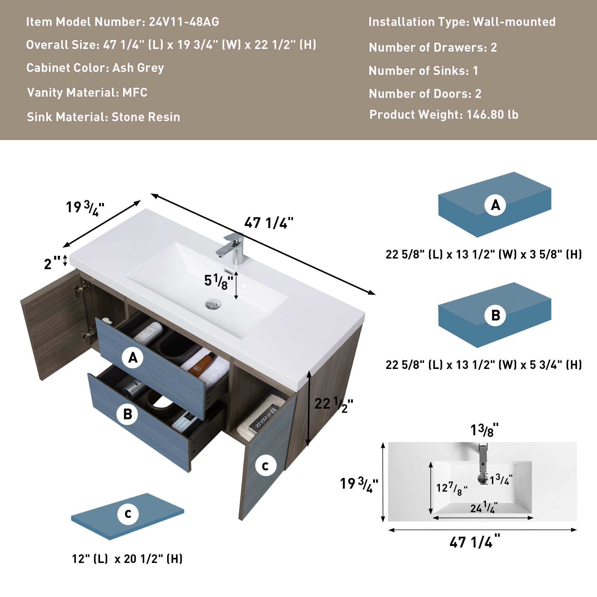 48" Floating Bathroom Vanity with Sink, Modern Wall-Mounted Bathroom Storage Vanity Cabinet with Resin Top Basin and Soft Close Drawers, Ash Grey 24V11-48AG