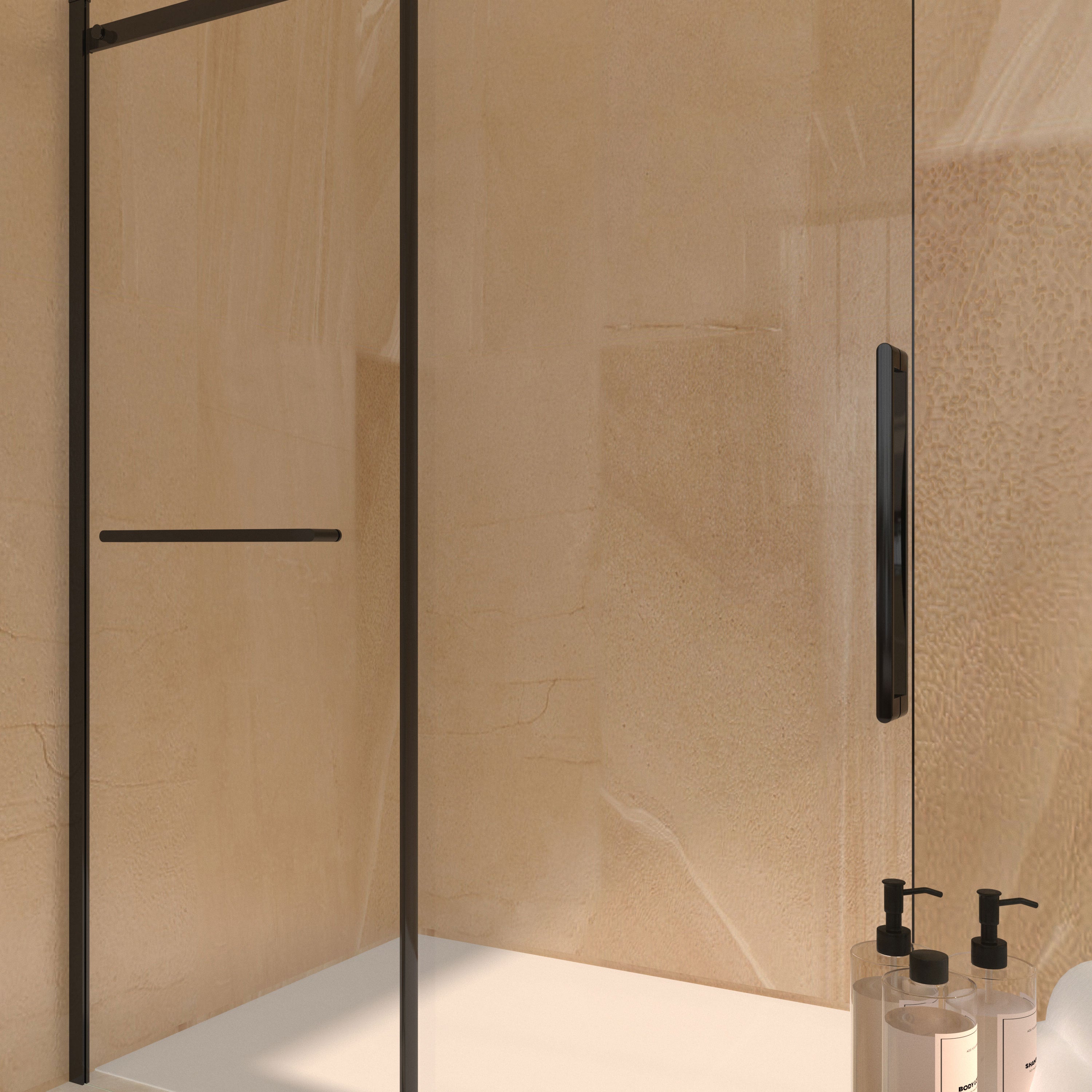 S-RM6076TB 56-60"W x 76"H Sliding Shower Door, Frameless Glass Shower Door with Matte Black Hardware, Towel Bar and Handle