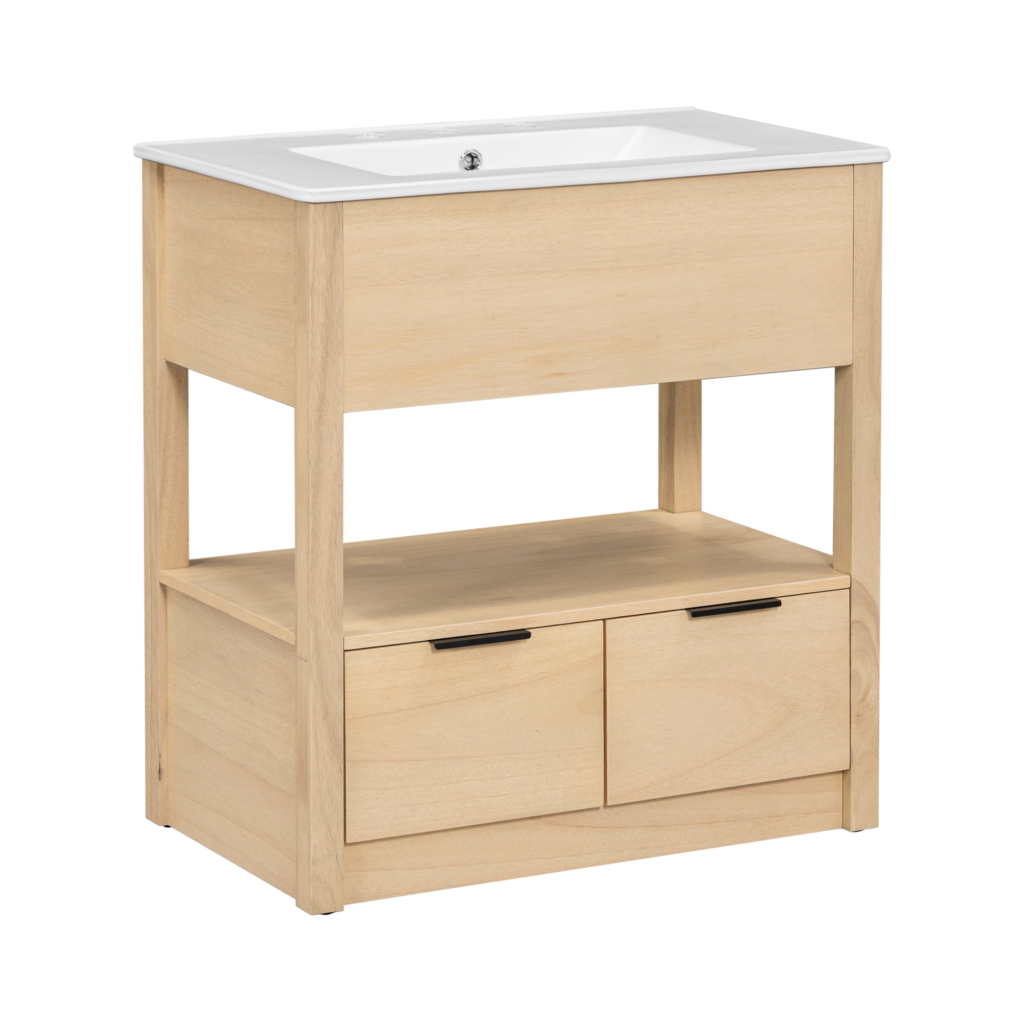 30" Bathroom Vanity with Sink Top, Bathroom Cabinet with Open Storage Shelf and Two Drawers, One Package, Natural (Old Sku:WF311619AAD)