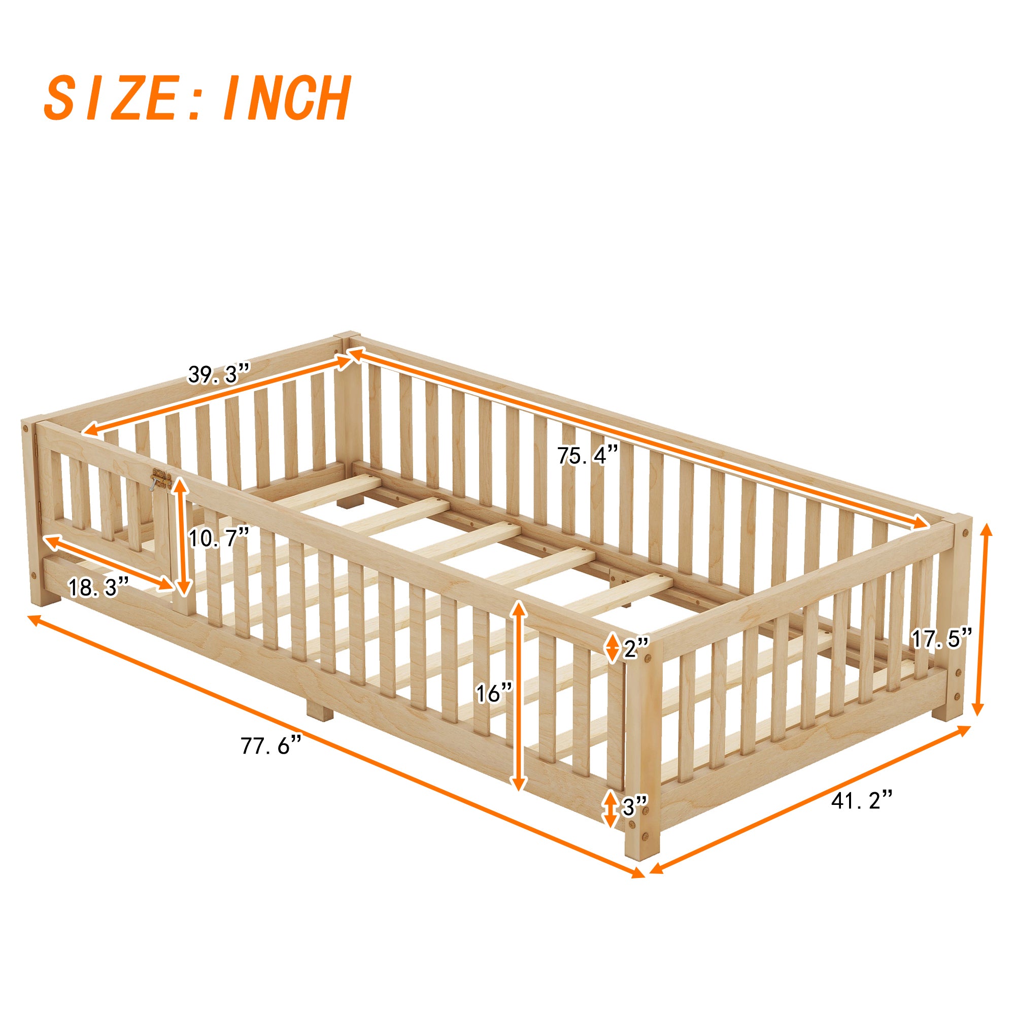 Twin Size Bed Floor Bed with Safety Guardrails and Door for Kids, Natural(Old SKU: W158090686)