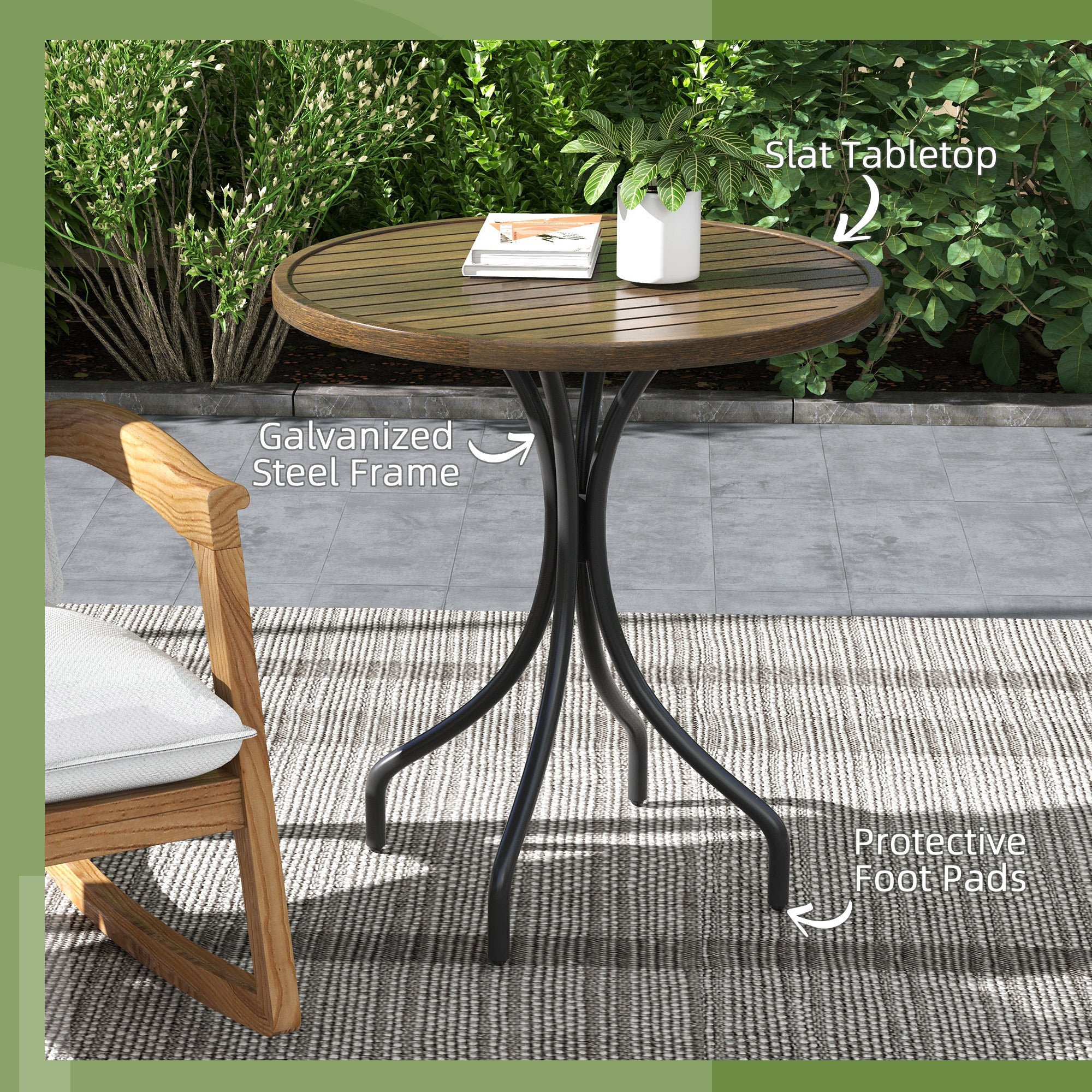 Outsunny Outdoor Side Table, 26" Round Patio Table with Steel Frame and Slat Tabletop for Garden, Backyard, Porch, Balcony, Distressed Brown