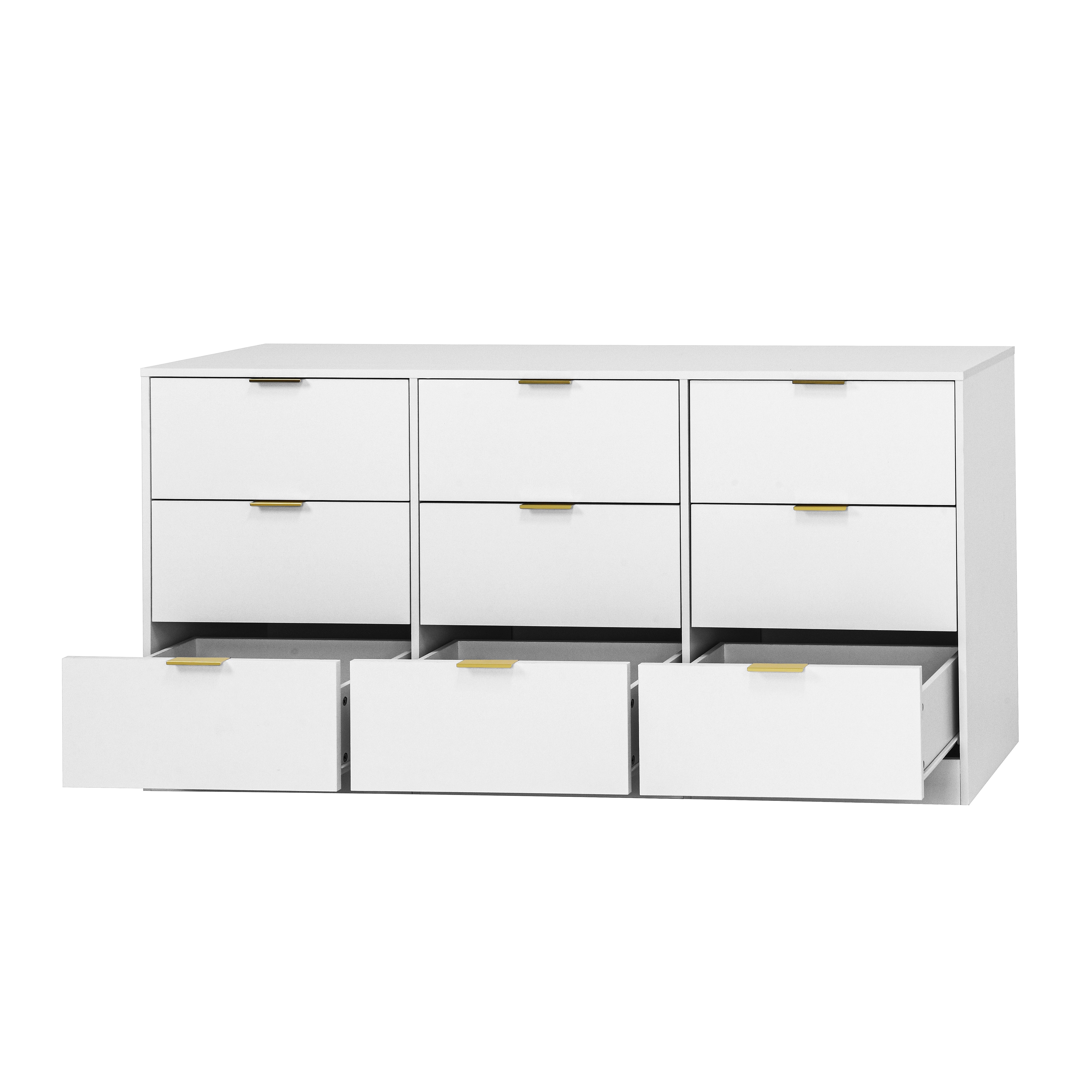 White 9-drawer storage cabinet, drawer handle close-up
