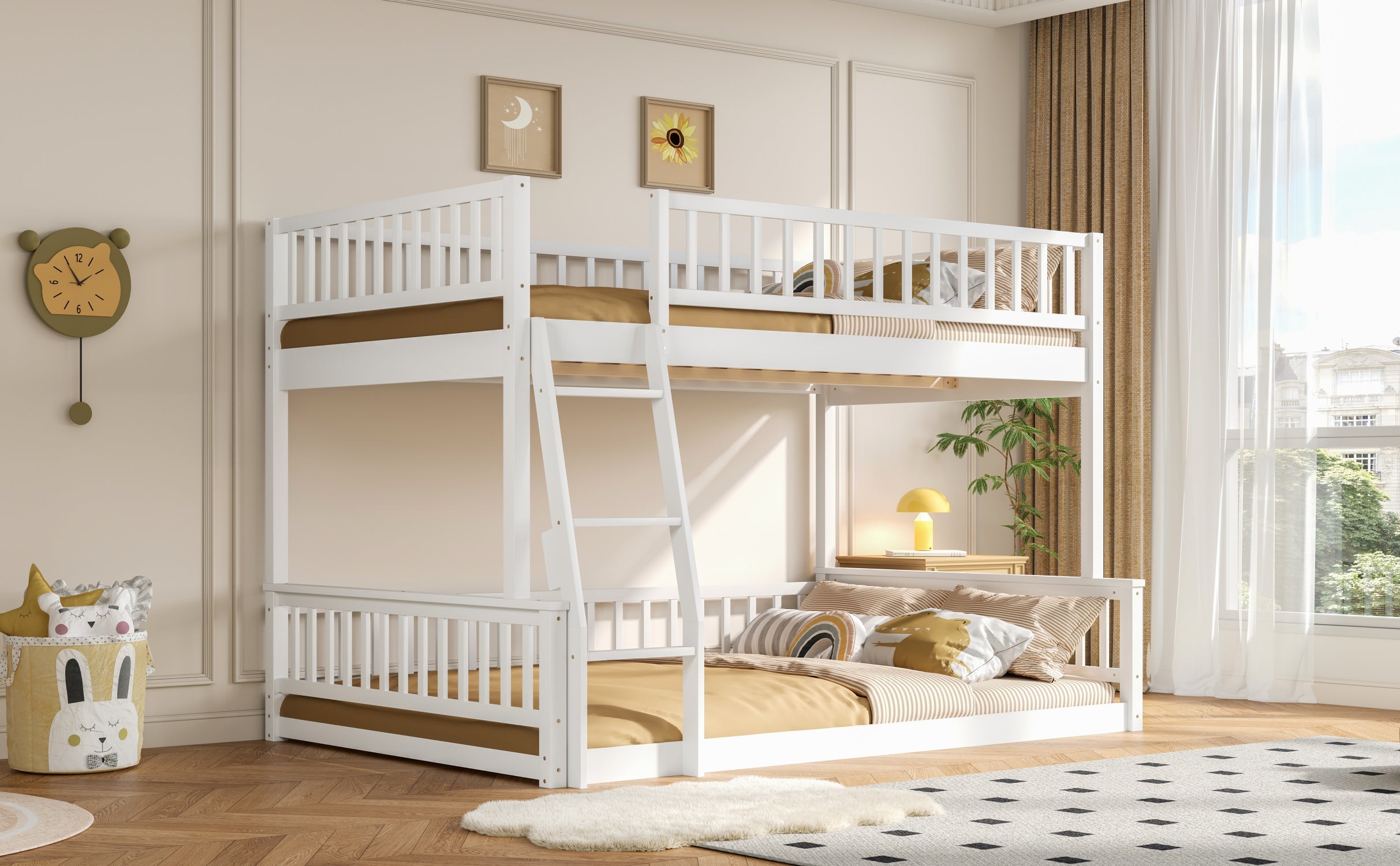 White bunk bed integrated ladder detail view
