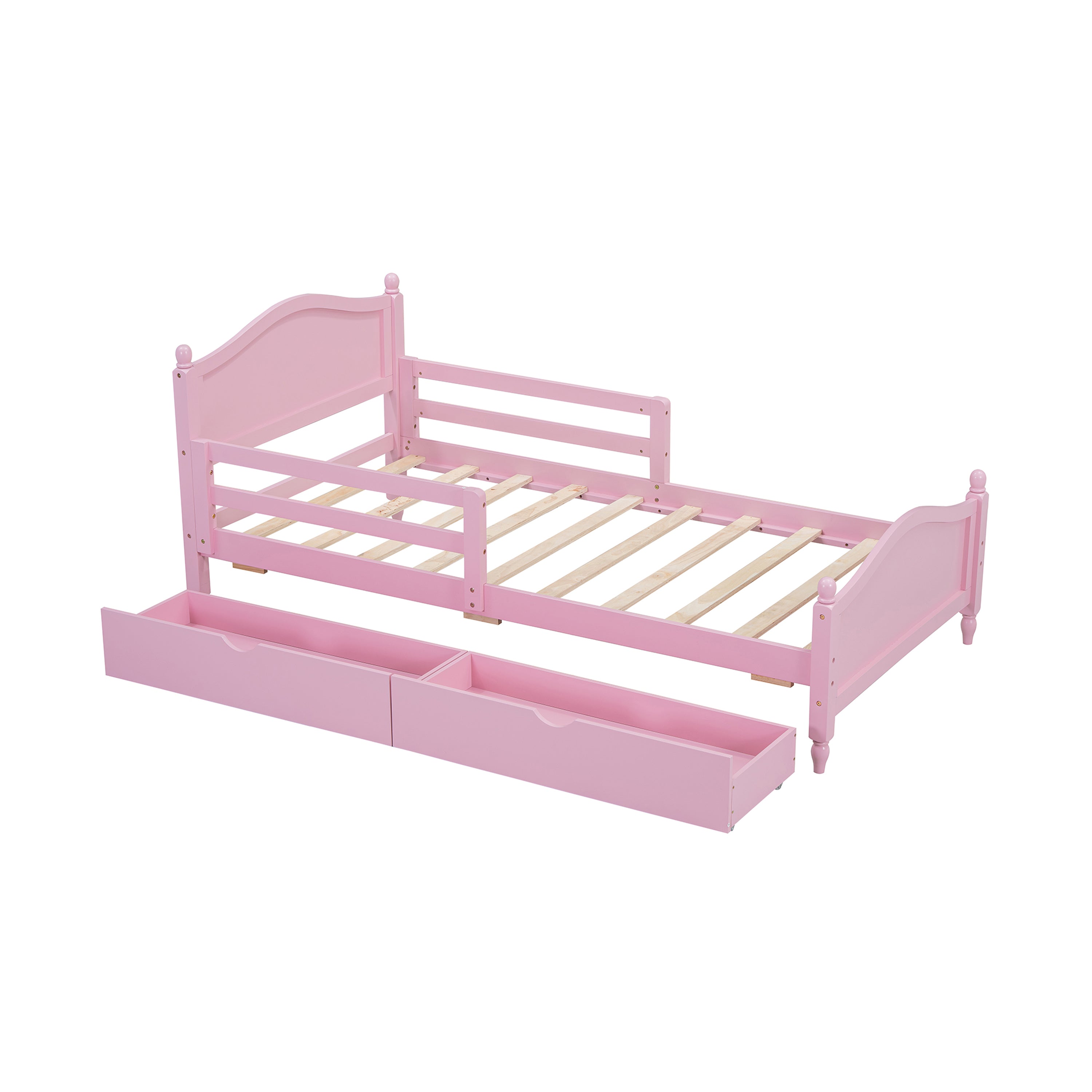 Twin Size Wood Platform Bed with Guardrails on Both Sides and Two Storage Drawers ,Pink