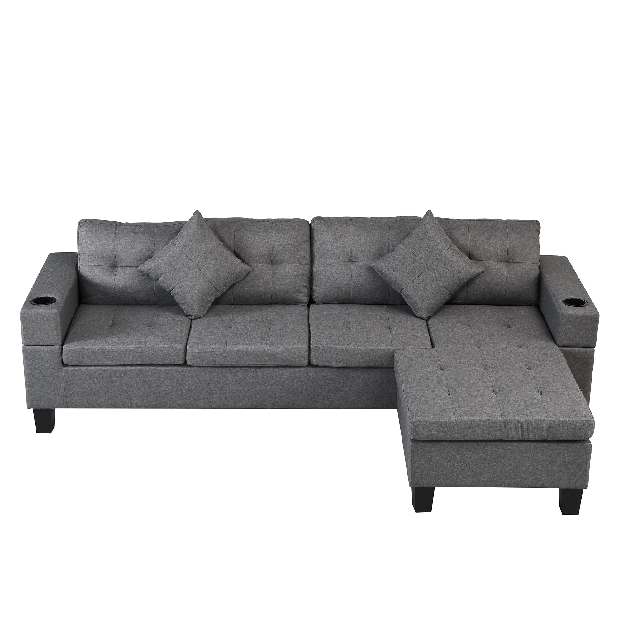 Sectional Sofa Set for Living Room with L Shape Chaise Lounge,cup holder and Left or Right Hand Chaise Modern 4 Seat (FAUX LINEN GREY)