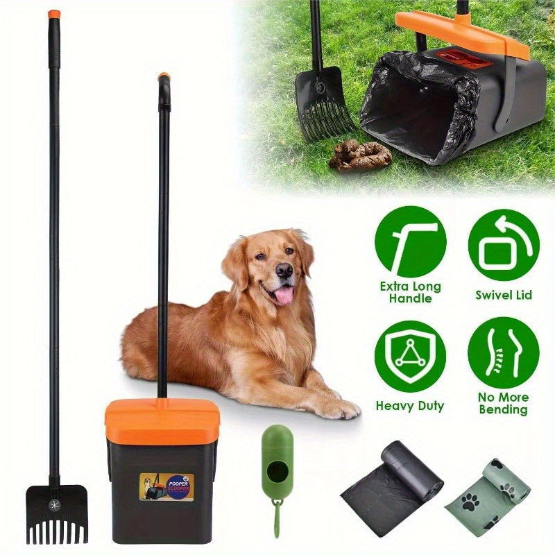 Dog Poop Scoop Large Rotating Bin Rake Long Handle for Pet Waste Removal