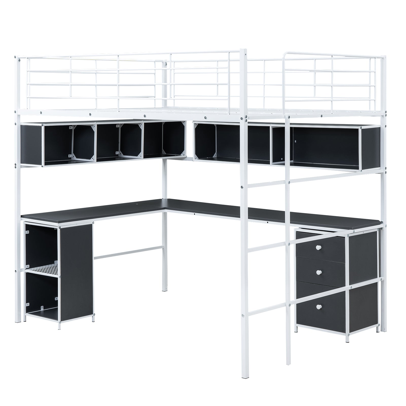 Metal Loft Bed with bookcase, desk and cabinet, Full, White