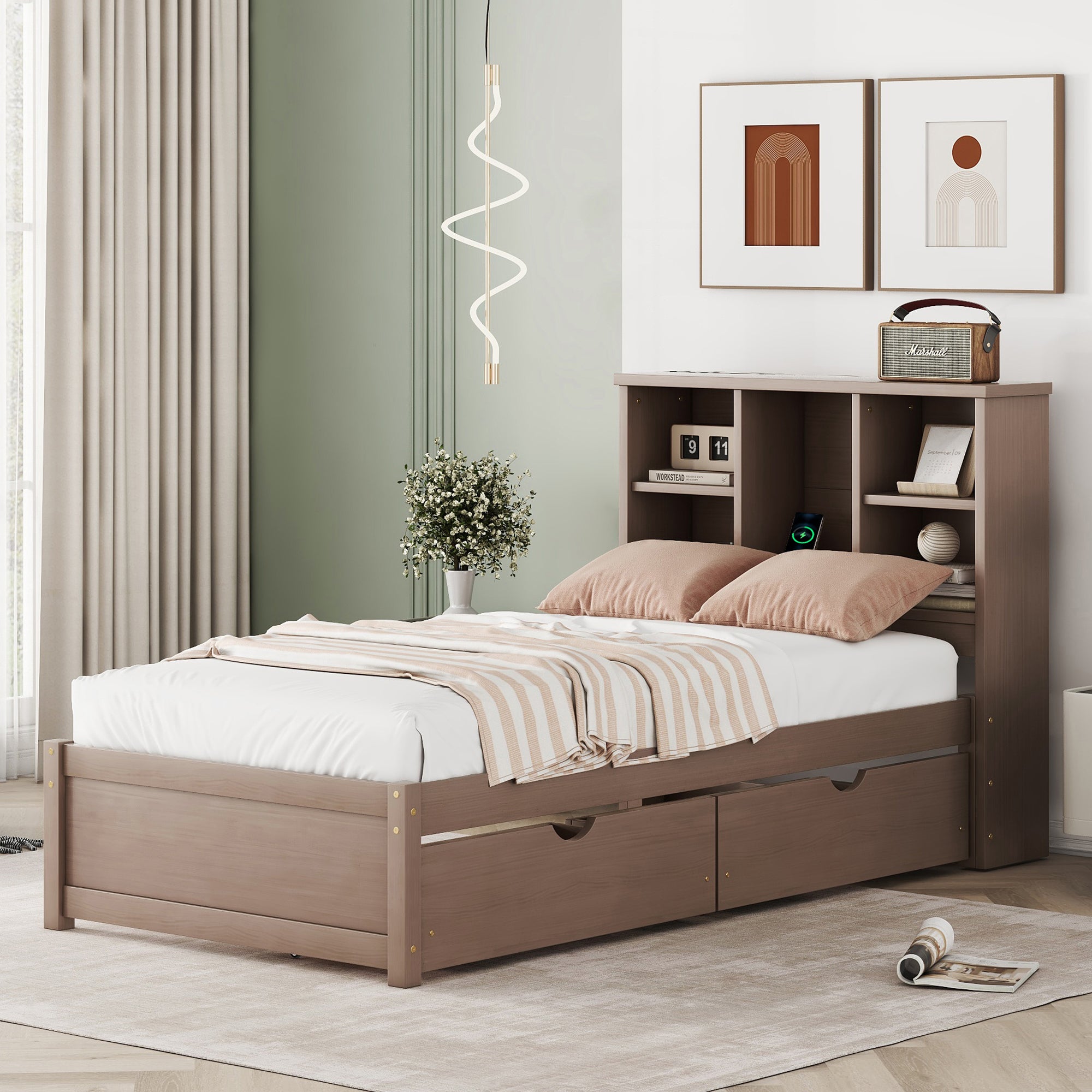 Modern Twin Size Bed Frame With Built-in USB Port on Bookcase Headboard and 2 Drawers for Walnut Color