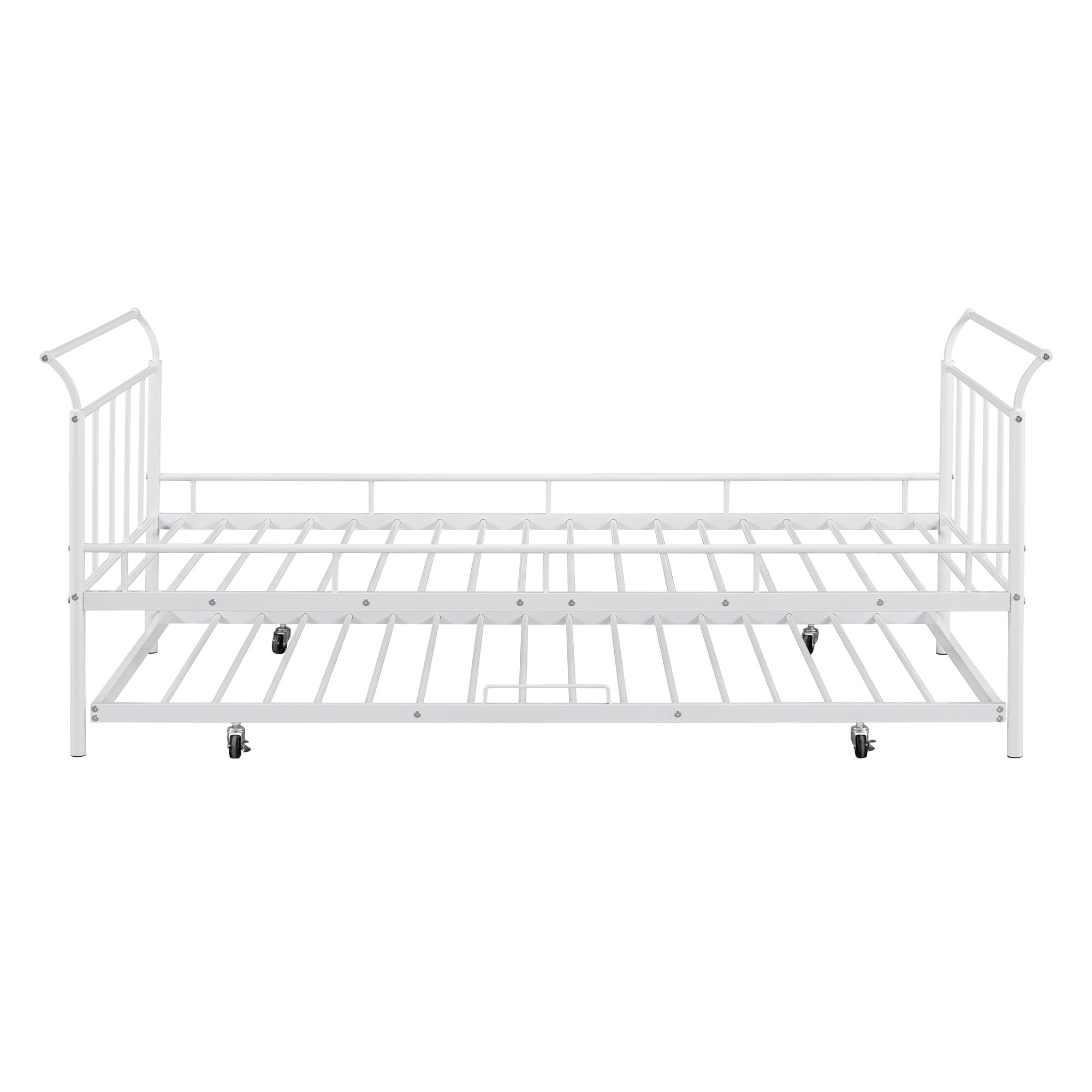 Twin Size Metal Daybed with Curved Handle Design and Twin Size Trundle, White